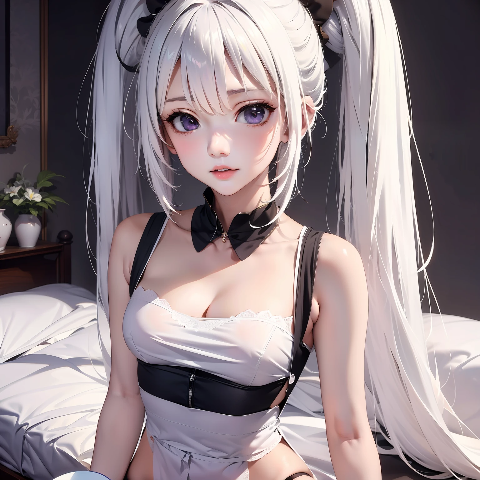 （人物： Ninomae Ina'nis）， {White color hair}， Tentacle hair， a purple eye， （tmasterpiece：1.2）， 1girll， 独奏， Best quality at best， shiny skins， Ultra-fine and ultra-high resolution， adolable， looking at viewert， extremelydetailedwallpaper， closeup portrait，Cute pose，The upper part of the body，the maid outfit
