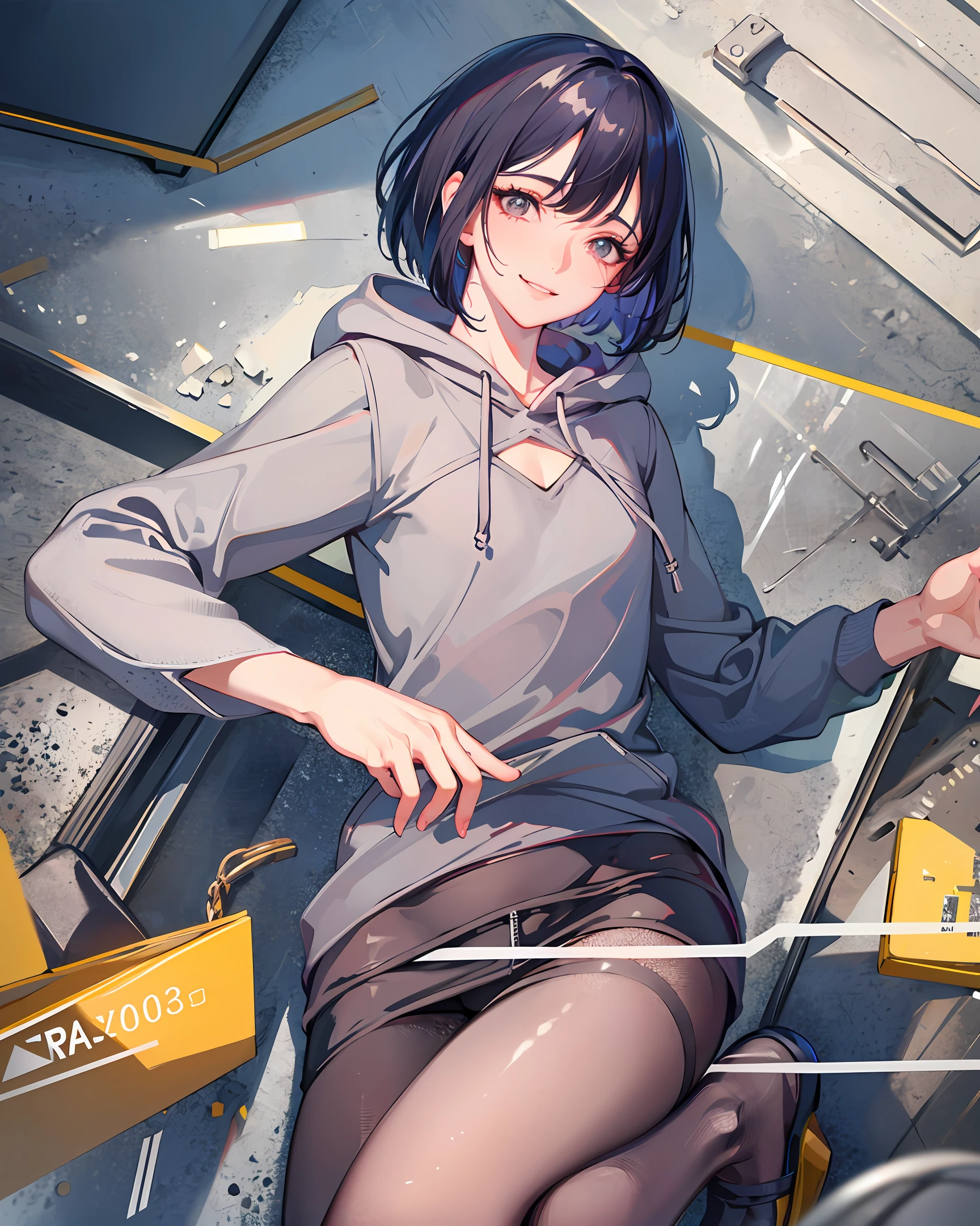 (RAW photo, Best quality, Masterpiece:1.2), (Realistic, photo-realistic:1.4), (Kpop idol), Ultra-detailed, Beautiful detailed sky, street, Lying, Slim waist, Smile, (Bob cut), Small chest, (Open hoodie)nakeness