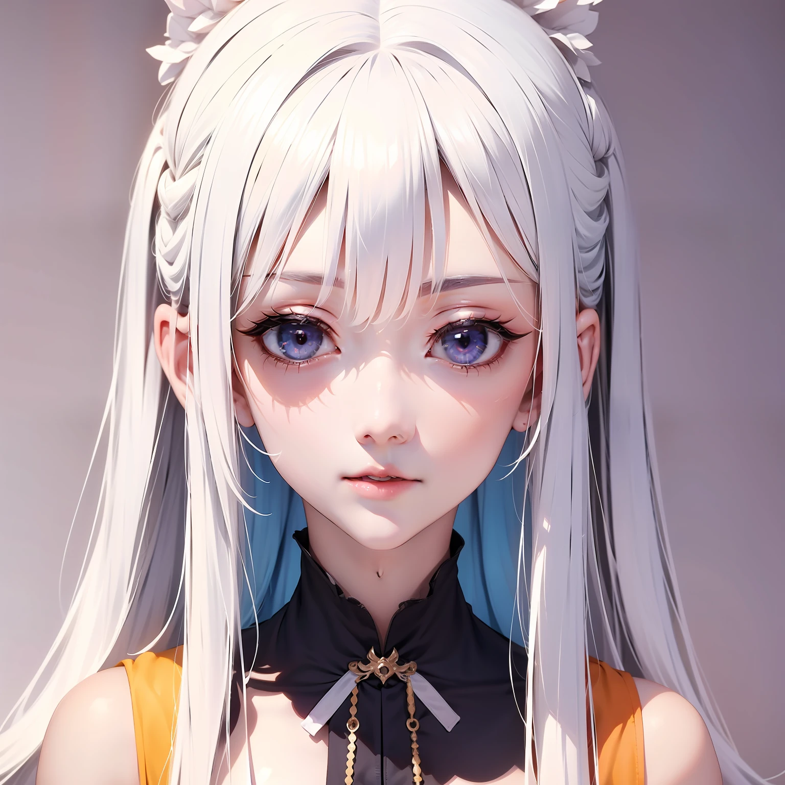 （人物： Ninomae Ina'nis）， {White color hair}， Tentacle hair， a purple eye， （tmasterpiece：1.2）， 1girll， 独奏， Best quality at best， shiny skins， Ultra-fine and ultra-high resolution， adolable， looking at viewert， extremelydetailedwallpaper， closeup portrait，Cute pose，The upper part of the body，the maid outfit