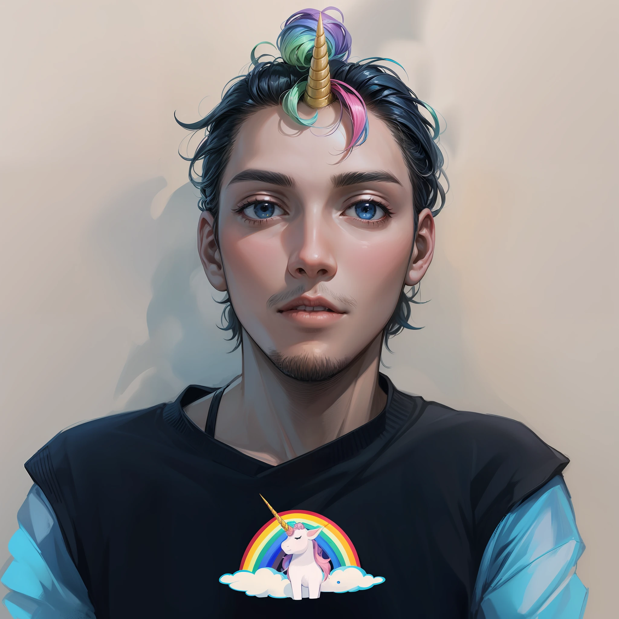 arafed cute man with a rainbow on his head, a unicorn on his shirt, very accurate photo, 🚀🌈🤩, album art, ☁🌪🌙👩🏾, patron saint of 🛸🌈👩🏾, very very high quality picture, profile picture, profile picture 1024px