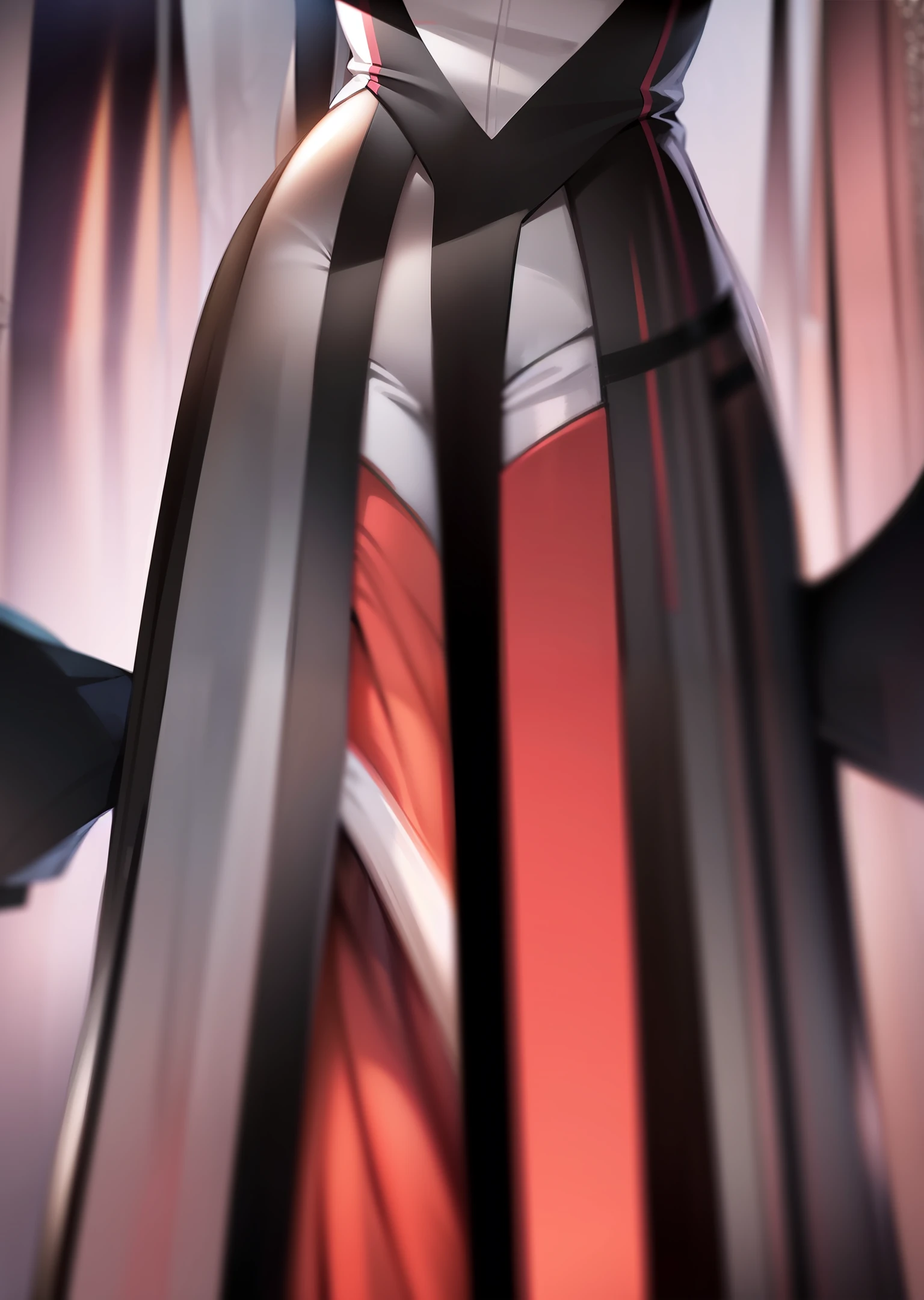 Black long straight,red eyes,Blackn clothes,The upper part of the body