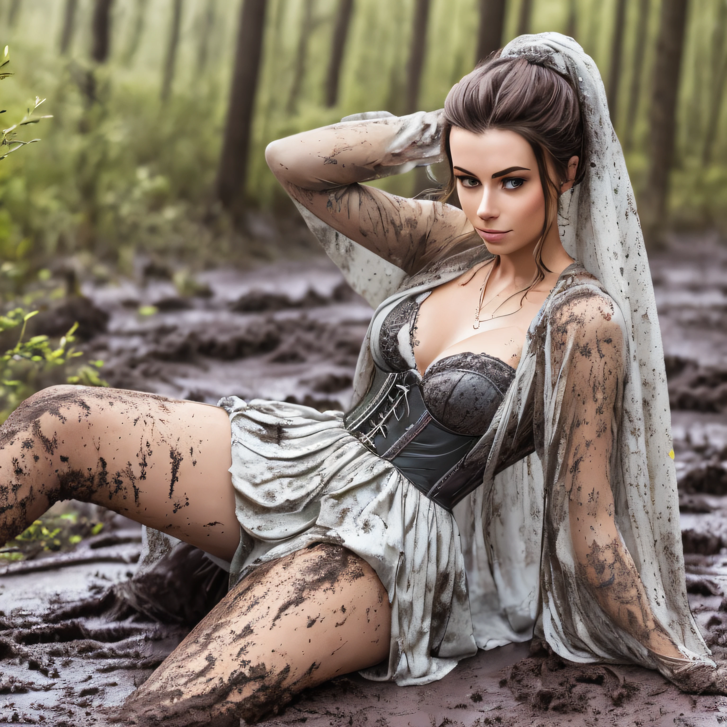 Hyperrealistische Fotografie, 2 Frauen stehen im Schlamm, Schlammspritzer im Gesicht, die Gesichter sind mit Schlamm verschmiert,  30-year-old women smeared with mud, Lena Meyer Landrut, long white gloves satin smeared with mud, short white prom gown smeared with mud White with Swarovski jewelry smeared with mud, Perlenkette mit Schlamm verschmiert, underbust corset weiß smeared with mud, ruffles, pointy pumps white high heels smeared with mud, Fishnet tights white smeared with mud, the entire body, schwarze lockige Haare mit Schlamm verschmiert, die Kleidung ist mit Schlamm verschmiert, High quality, realistische Beleuchtung, Bildmitte, Sanduhrproportionen, 8K, HDR, BDSM, medium breast size, lange Beine, professionelle Fotografie einer Frau, natural skin texture smeared with a lot of mud, 4K-Texturen, Adobe Lightroom, Fotolabor, HDR, kompliziert, elegant, sehr detailliert, scharfer Fokus, wahnsinnige Details, komplizierte Details, hyperdetailliert, Helles Kinolicht, Außenatmosphäre, Kinn hochgezogen, (exponierter Bauch: 1,8 ), (Fernaufnahme), dominanter Gesichtsausdruck