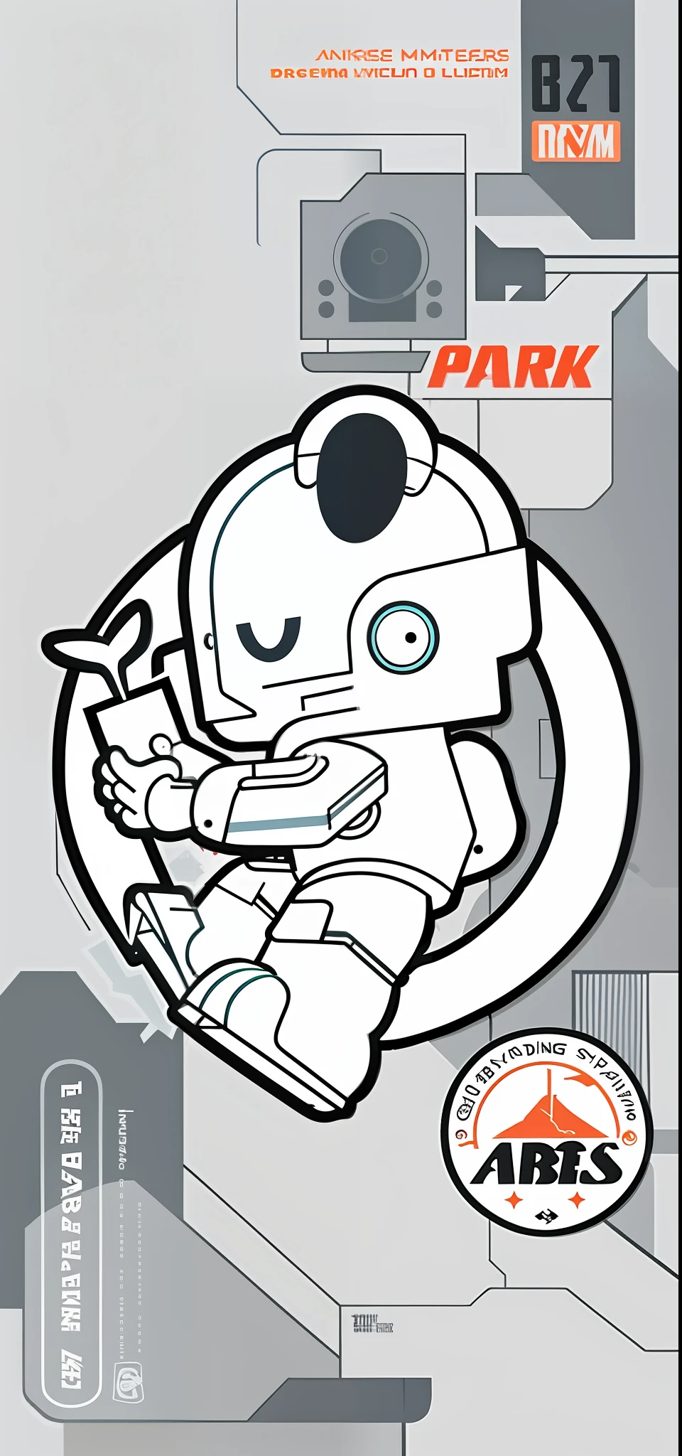 There is a sticker of a robot riding skateboard, inspired by Tom Whalen, print!, white superior iron man, tintoy characterdesign robot, Tom Whalen 8 K, ferra white mecha, White robot, white color mecha, cel shaded vector art, Robot design, advanced digital chibi art, mecha human, official character illustration, tchibi