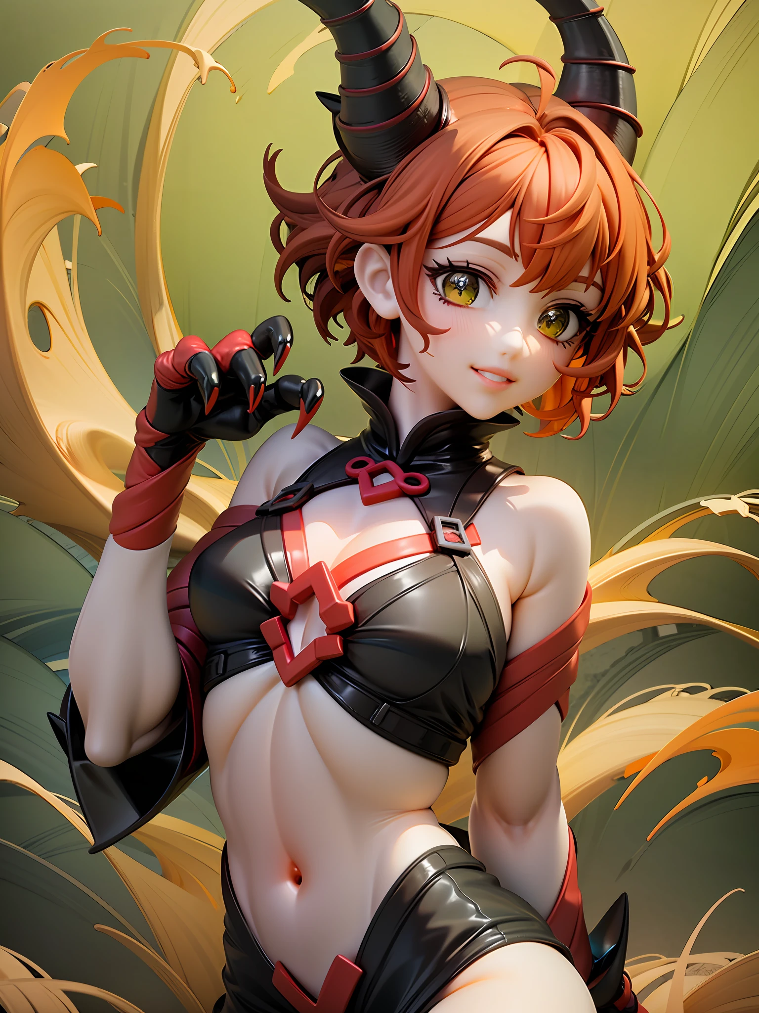 Beast-Human hybrid female character theme, red and black, brave face with confident smile, functional costume emphasizing non-human features like tail, horns, or claws, red wavy short-cut hair, green or gold eye color, confident pose, wild nature background.