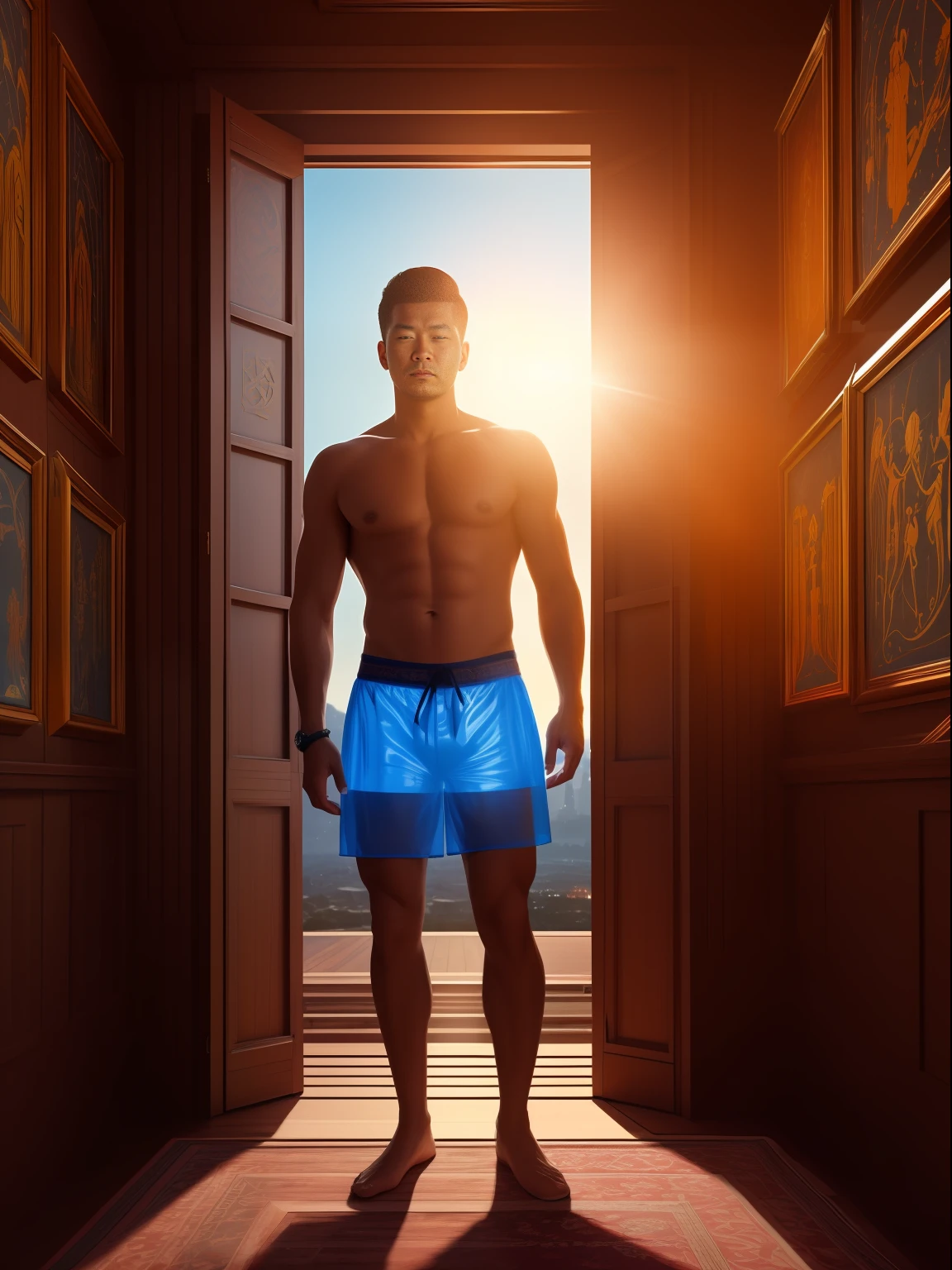(best qulity,The Masterpiece),(Ultra-detailed colors),A handsome 35-year-old Chinese astrologer meditates around the totem of the second house of the ecliptic,Constellation Temple,ultra realist,observatory,futuristic asian city background,Men's bright blue Translucent G-thongs,big bulge,Stubble,Hairy Thighs,Very attractive,HDR,Dramatic lighting,Art Station Trend,CGSociety trends,Professional photography