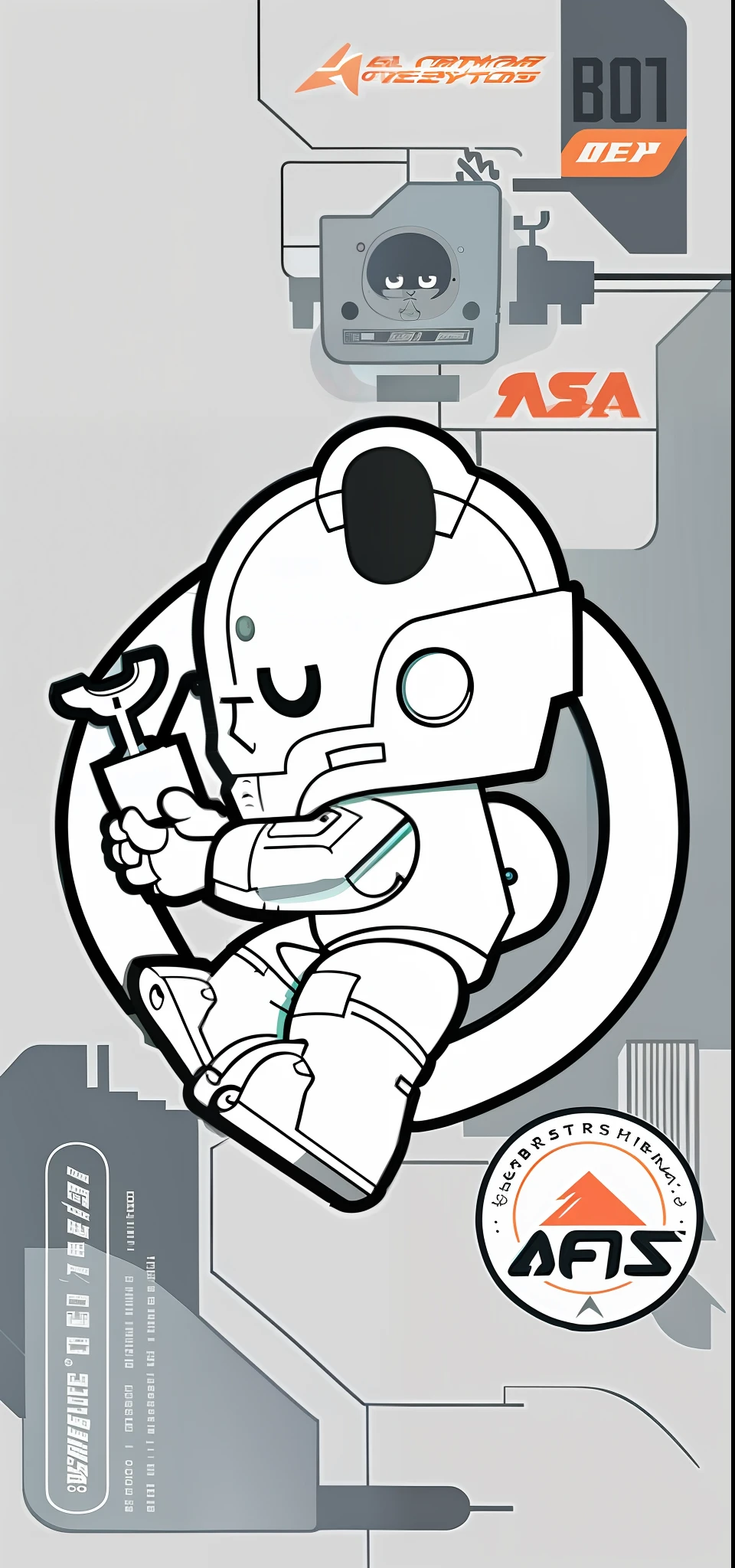There is a sticker of a robot riding skateboard, inspired by Tom Whalen, print!, white superior iron man, tintoy characterdesign robot, Tom Whalen 8 K, ferra white mecha, White robot, white color mecha, cel shaded vector art, Robot design, advanced digital chibi art, mecha human, official character illustration, tchibi