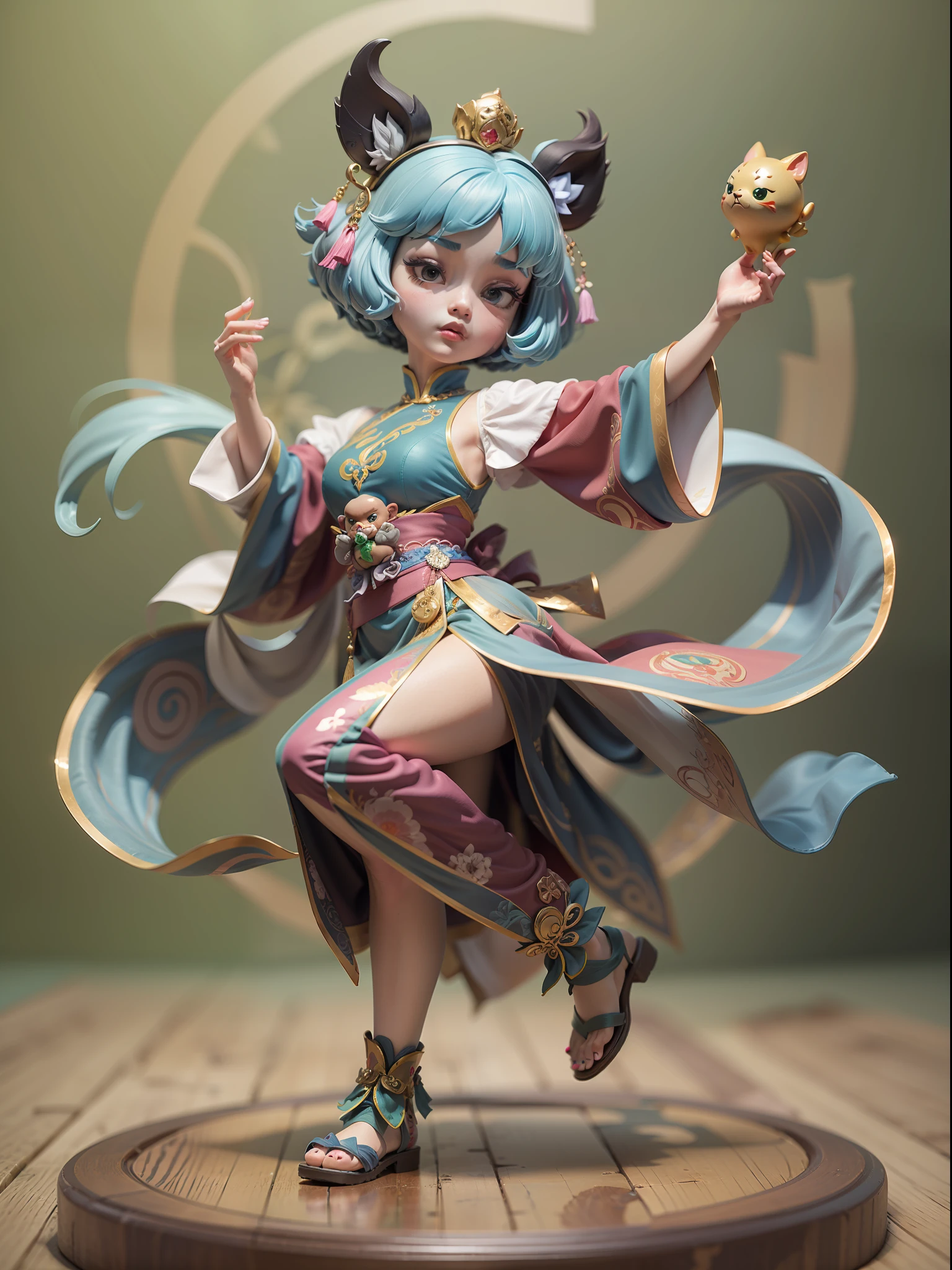 Childish beautiful girl，Dumb cute，Dance，（Big eyes），Small mouth，looking at me，（Chinese-style clothing，Meticulous portrayal），Palm dancer Zhao Feiyan，A small pet，Figures，blindbox，（Disney style），high qulity，high detal，（super-fine），16K resolution，（Macro lens），（（Works of masters）），（（Full body like）），（Figure model base），（Ray traching），Blue, White and green predominate