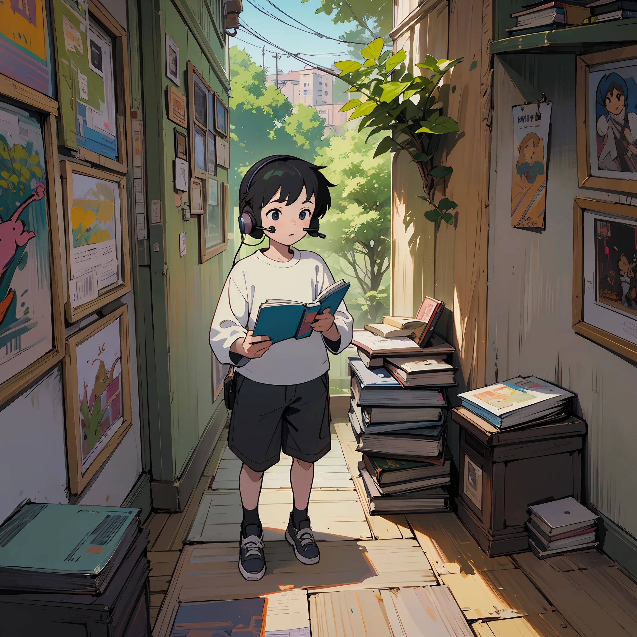 a with a headset, lendo um livro em um quarto, com uma cidade e arvores do lado e fora, Arte Lofi,