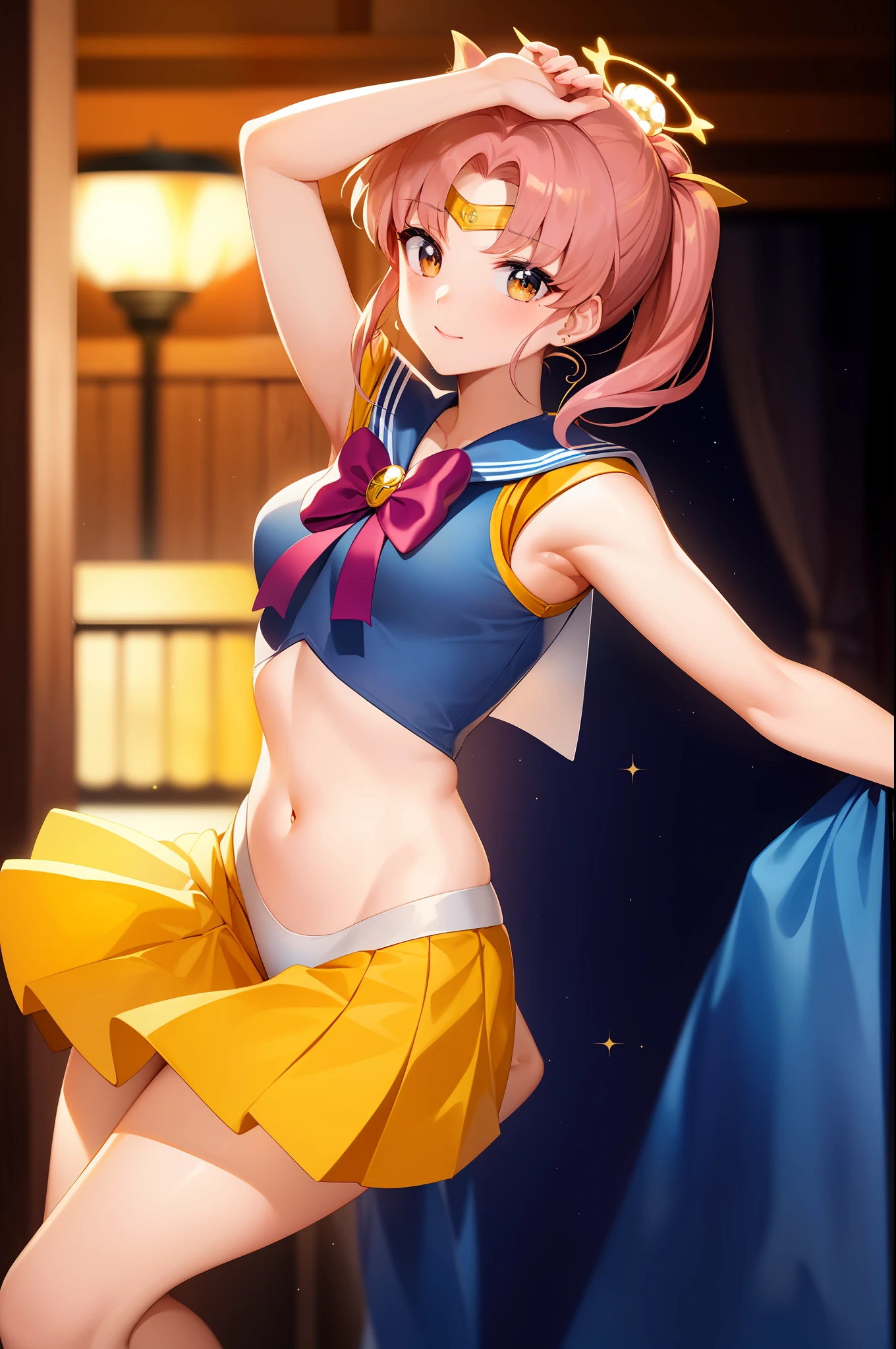 high-level image quality、rialistic photo、In a live-action style、a picture、realisitic、Realisticity、Beautiful facial features、beautiful thigh、Ultra mini skirt、sailorvenus、poneyTail、a close up of a woman in a costume posing for a picture, White panty、A sexy、Anime girl cosplay, Sailor Moon Style, Anime Cosplay, Beautiful armpits、Beautiful navel、Sailor Moon!! Beautiful, cosplay foto, publicity cosplay, Cosplay, Ayaka Cosplay, Orange halo around her head, Inspired by Yang J