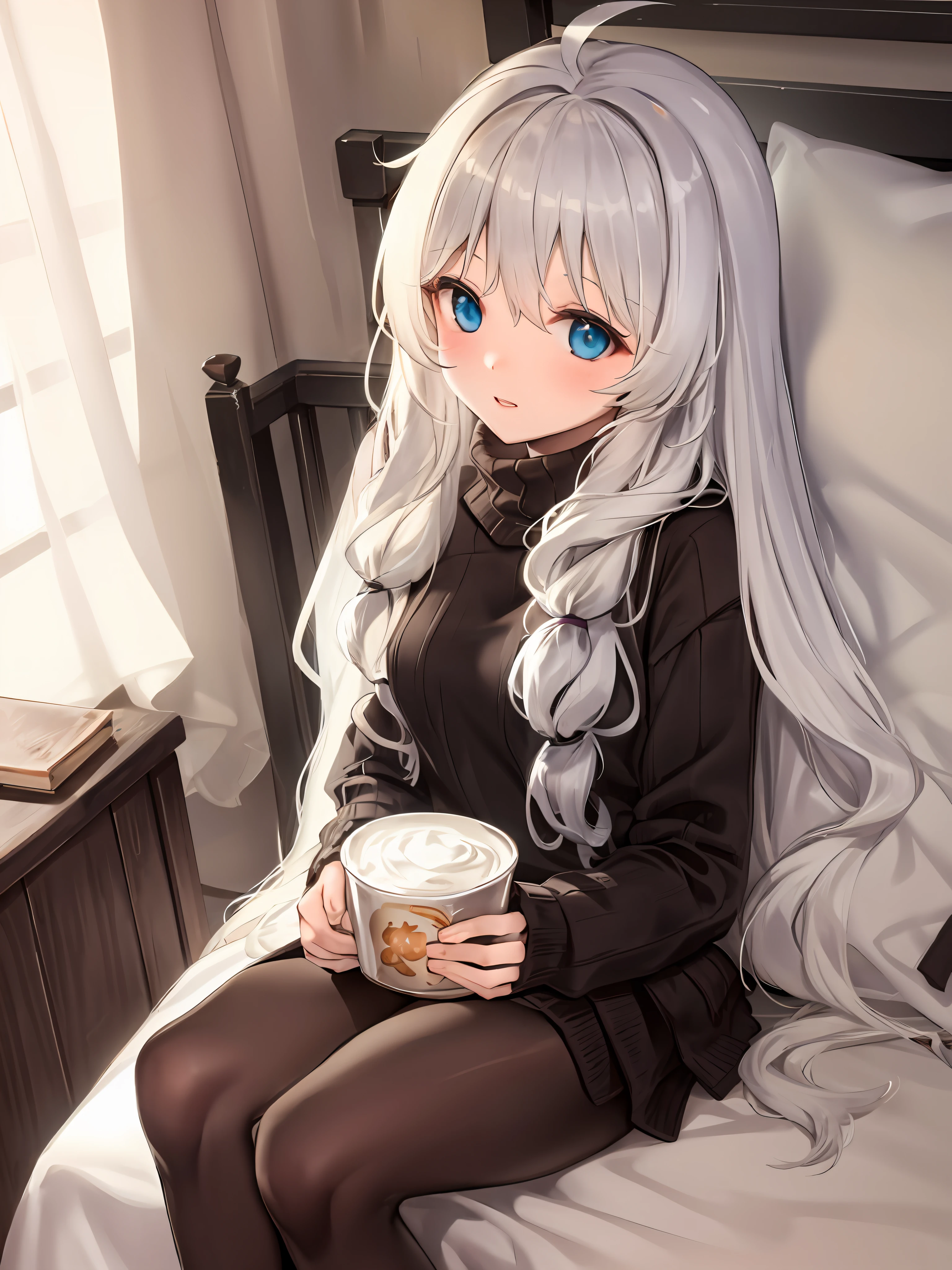 Lazy，White hair，1girll，tmasterpiece，Sweaters，is shy，sobu，Sit on the bed，adolable