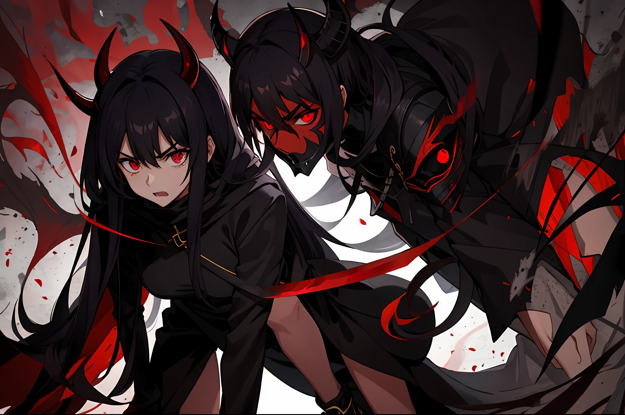 Anime, Demon, red skin, red blood eyes, long black hair, knight, tall girl, mask, mediavel, evil, very angry, 1 meter 90 height, long tail, mask, double Sword