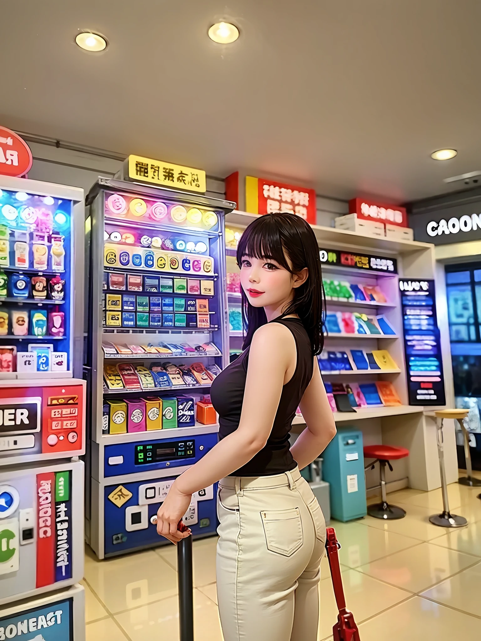 There was a woman standing in front of a vending machine, the woman holds more toys, trending at cgstation, Shot on Canon EOS R 6, 🕹️ 😎 🔫 🤖 🚬, in a mall, joytoy, taken in 2 0 2 0, Uptrend ，, appearing in a shopping mall, shaxi, Taoist, in mall, author：Master of Han Chinese