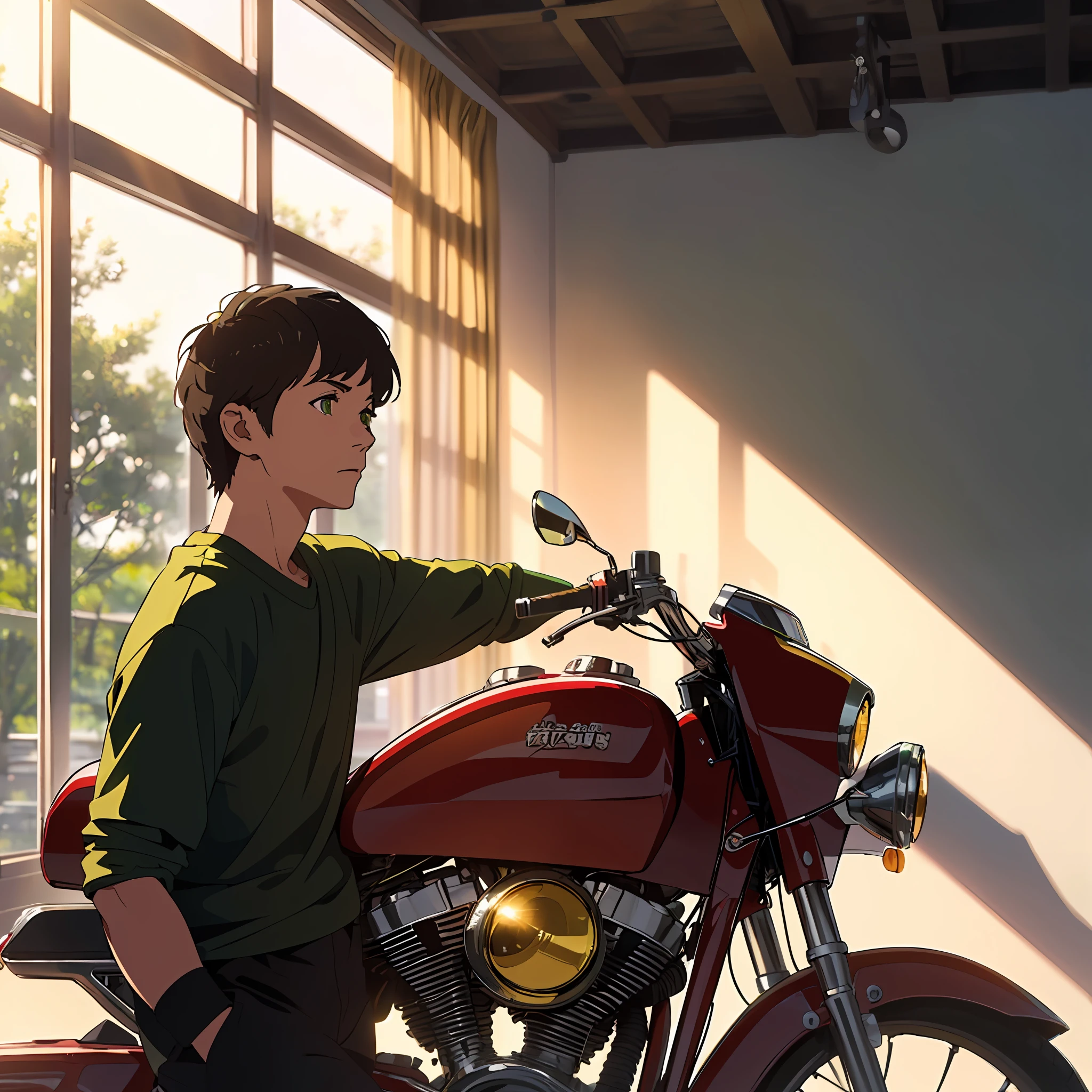(Golden curls+Green eyes:1.3),(Sit on a red motorcycle:1.2),(leisure wear:fashion,white shirt+shorter pants),(apparently young),(Horizontal bangs、Beardless、Shotai face),Punk style,high saturated,largeaperture,(Warm yellow tones:0.8+Warm white tones:0.9+The atmosphere is emphasized:1.2),(High contrast strong shadows),(direct sunlight:1.3+bright:1.2) --auto