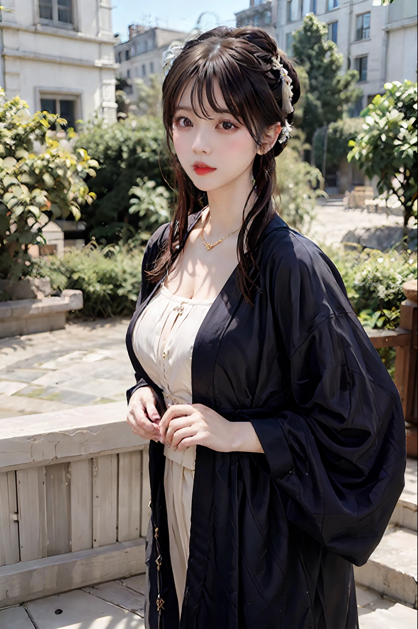 extremely detailed CG unity 8k wallpaper,(masterpiece),(best quality),(ultra detailed),(ultra realistic), nikon d750 f/1.4 55mm,dynamic angle,professional lighting, photon mapping, radiosity, physically-based rendering,outdoors,busy street,looking at viewer,blush, kpop star, golden proportions,makeup, wide shoulders, huge natural breasts,cleavage,big ass, silk coat, song, song Dynasty, song clothing