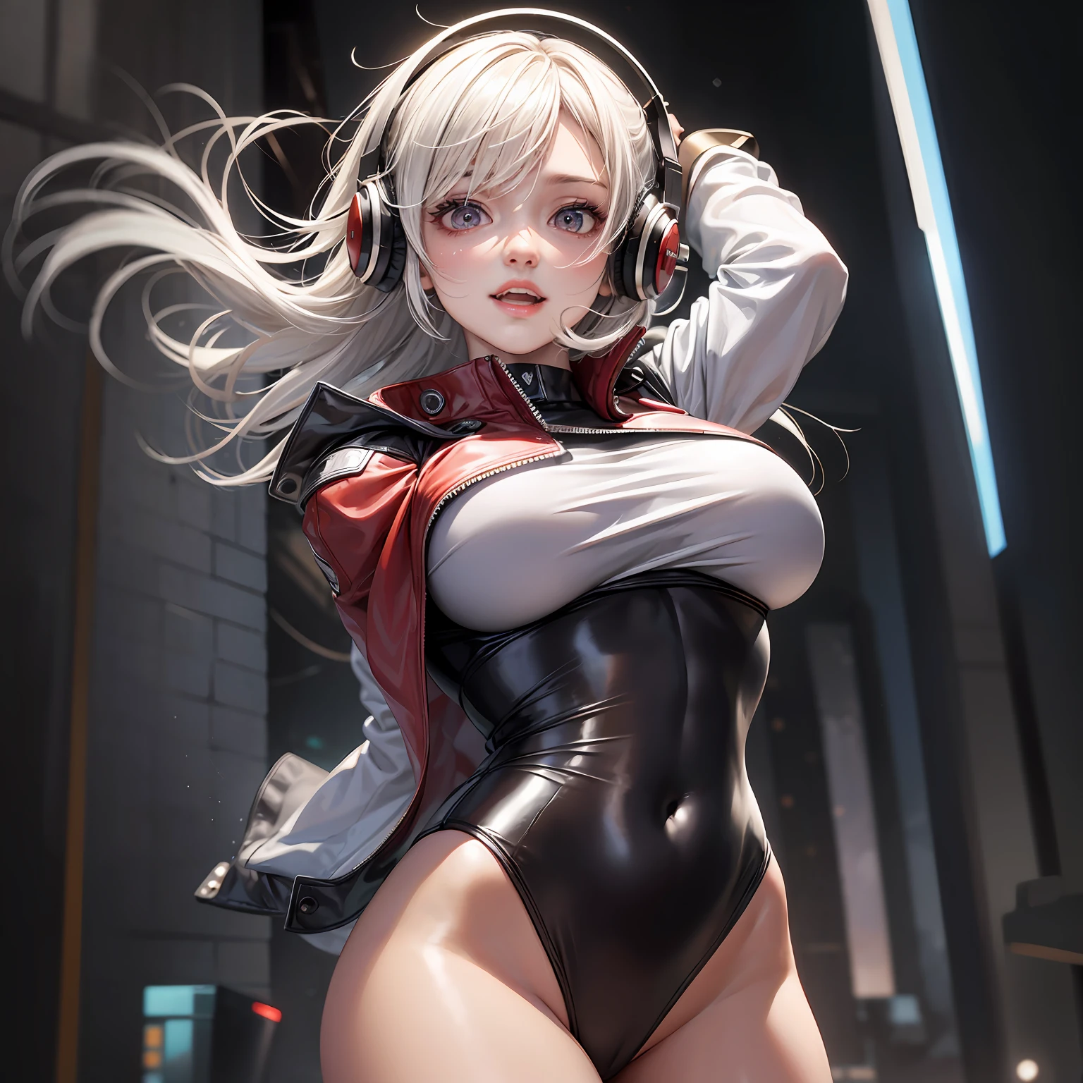 white hair, drill hair, long hair, medium hair, forehead jewel, headphones, heart-shaped pupils, raised eyebrows, glowing eyes, shy, high detail, anime, high detail, chiaroscuro, high quality, high details, textured skin --auto