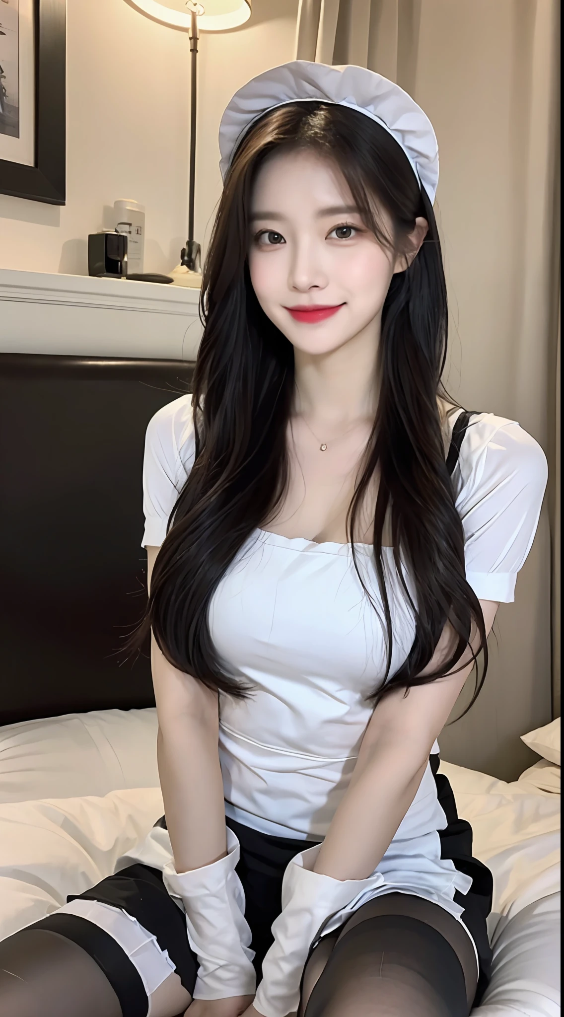 (1 Korean star with royal sister style), ((Best quality, 8K, 巨作: 1.3)), focal point: 1.2, Perfect body proportions: 1.4, (Make a smile),  （Ray traching）,Watery eyes, Highly Detailed Face and Skin Textur, Fine eyes, Double eyelids, Whitens the skin, (long whitr hair, Air bangs: 1.3), (face round: 1.5), (the maid outfit: 1.4), (duck sitting，sit on a bed: 1.6),(black lence stockings: 1.4),(film grain style:1.3)，a sense of atmosphere