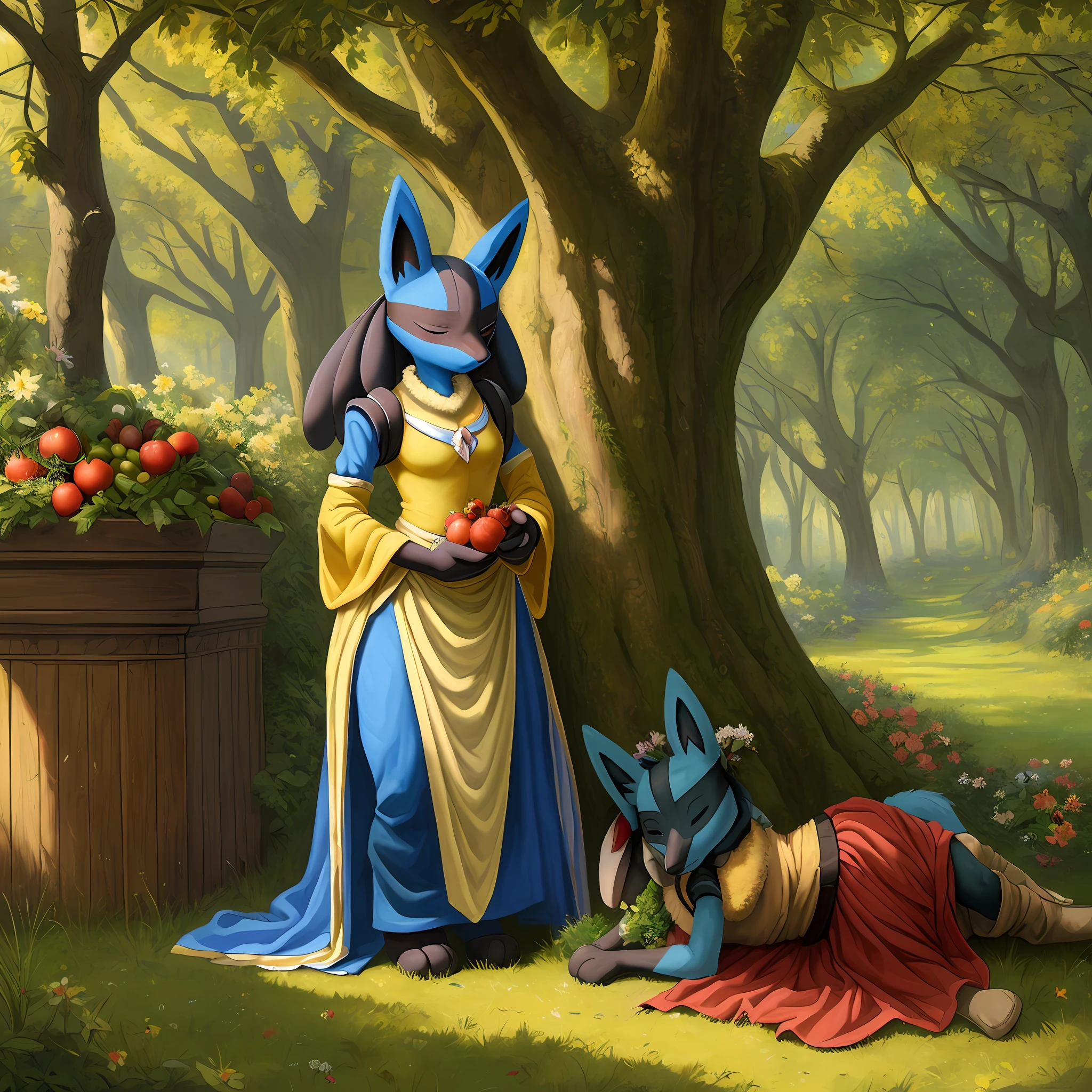 top quality, high-quality illustrations, the beautiful depiction of light seen in Vermeer's works((masterpiece))absurdres, Perfect Anatomy, Lucario, full body,((dramatic))epic, Sleeping under a large tree where sunlight filters through the leaves, fruits, flower,