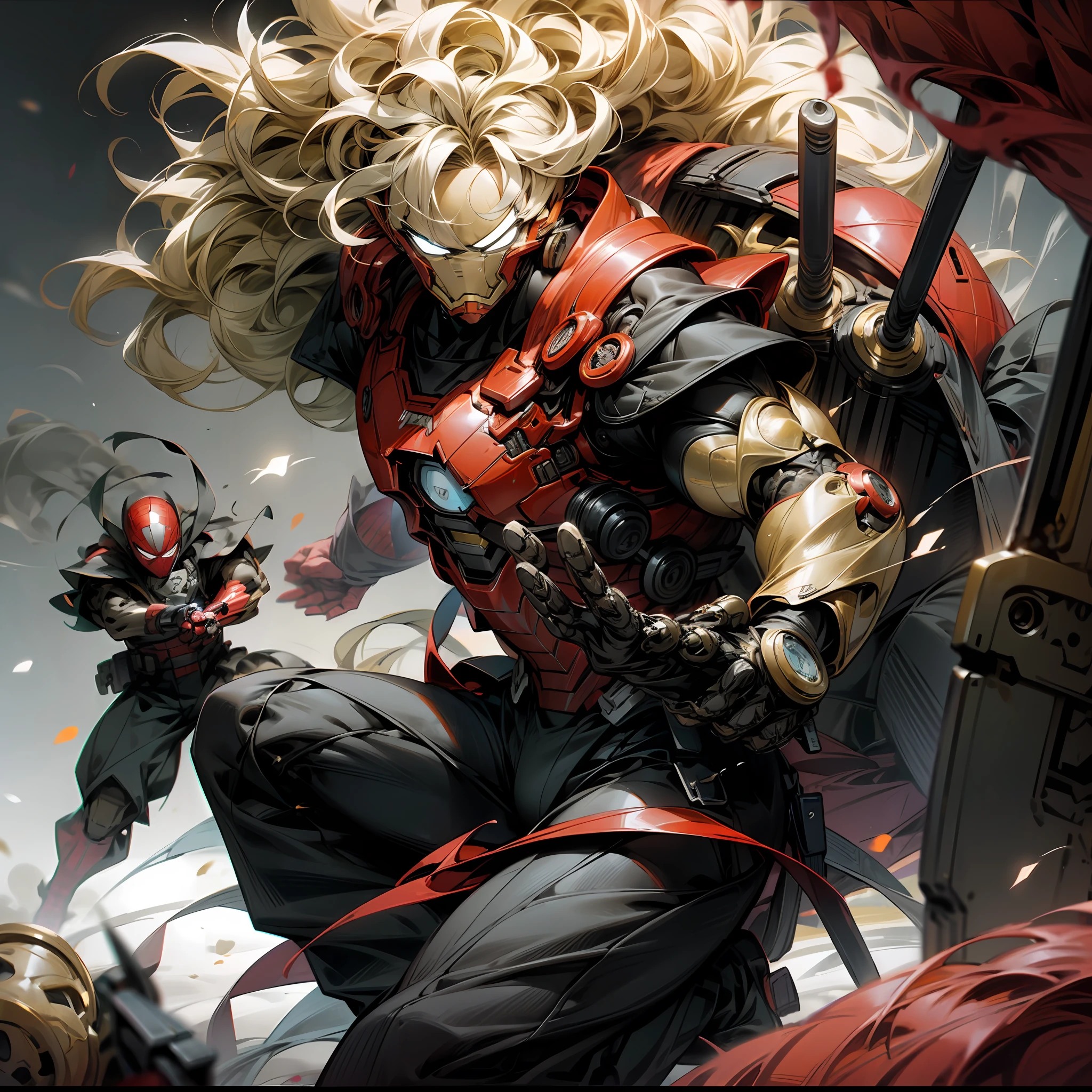 Surreal graphics，[(Police Special Forces+swat)，(《Dragon Ball》son goku，(《Iron Man》、《Spidey》Curly)black in color(Clothing or suits)+Red details，]Battle scenes，[(Imposing+Thrilling)，(blasts+smog)Make the picture even more[Luster+vividness]。] --auto