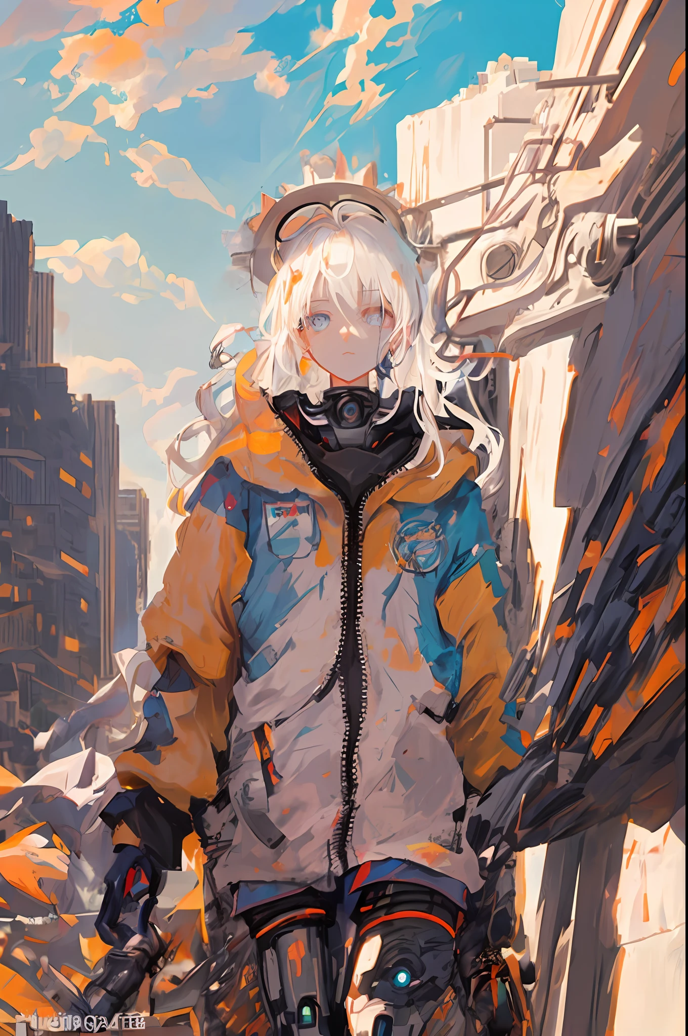 Masterpiece, best quality, super detailed, illustration, closeup, direct, robot girl with beautiful eyes, cyberpunk, robot, desert, city ruins, cold face, (looking at viewer), light white hair, dusk, sun clouds, beautiful eyes