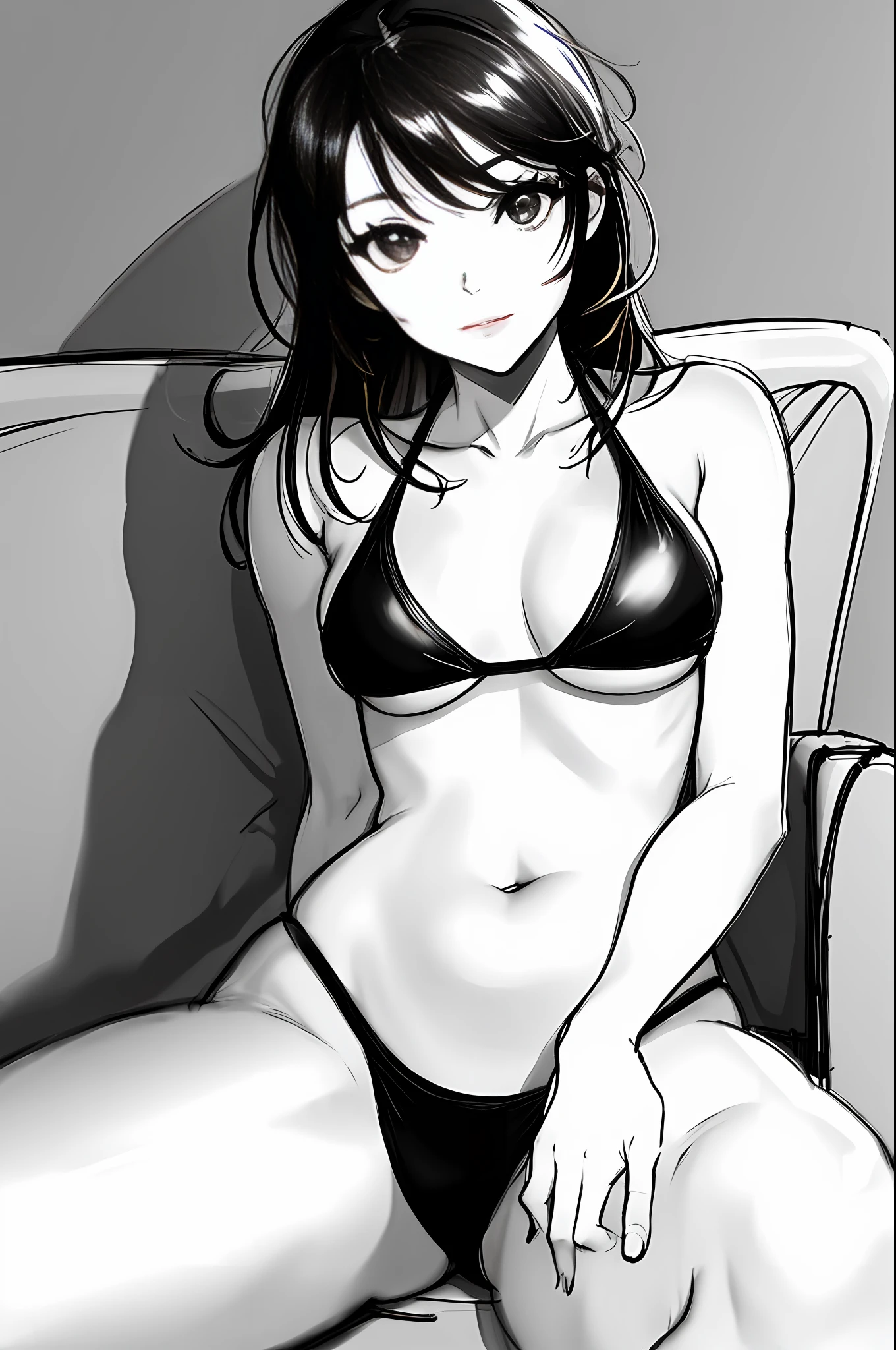 a drawing of a woman sitting on a couch in a bikini, perfect lineart, Sit Pose, Simple lines of art, bold lineart, Line sketch, thick lineart, Sitting on the sofa, Outline sketch, intense line art, clean lineart, lineart behance hd, sitting in the couch, seductive seated pose, thick black lineart, sitting in the couch