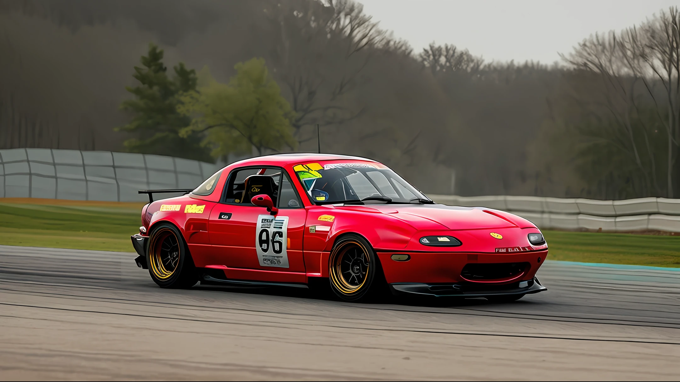 A modified RX7 race car races around the track