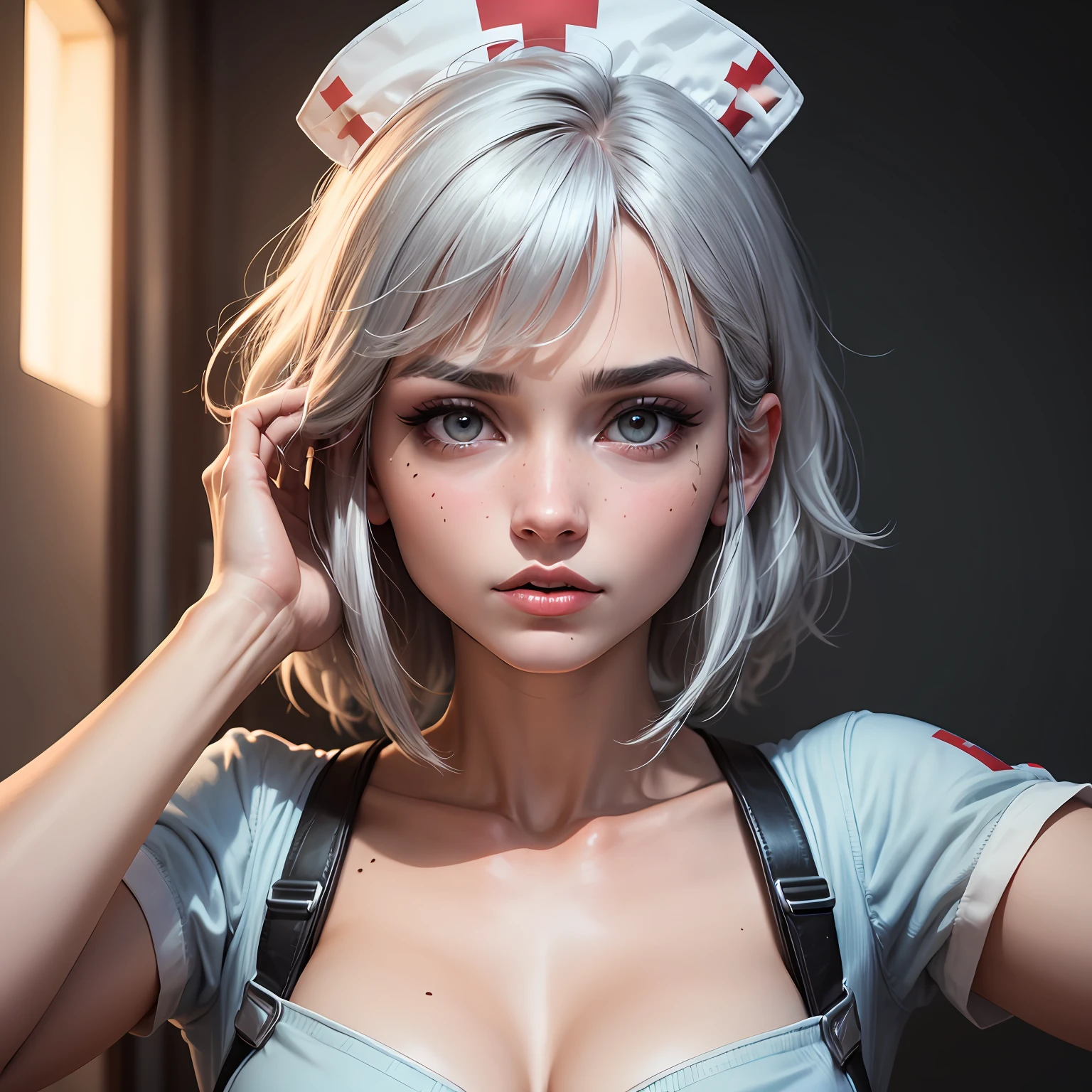 streaked hair, silver hair, ahoge, bangs, nurse cap, mole under eye, heart-shaped pupils, crazy eyes, wince, makeup, pout, saliva, Realism, cinematic lighting, highres, highres, highres, highres, highres, highres, high details, high quality, anatomically correct, textured skin, super detail, retina, UHD, 16k --auto