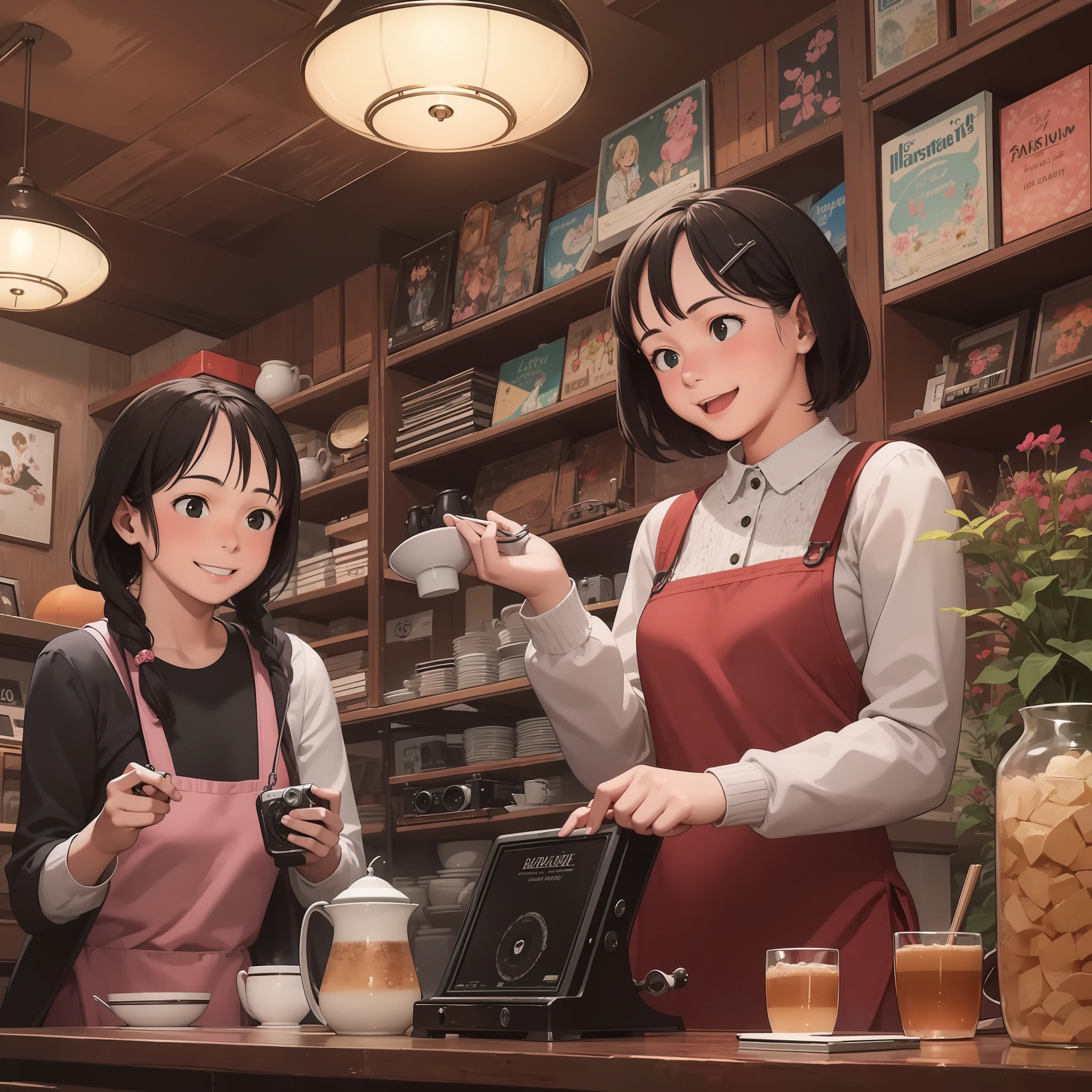 top-quality、Masterpiece、Two women having fun in a retro coffee shop。In the scene drawn over the counter、Old record players and antique lamps are the decorations of the shop。The camera is on the same level as them.、Their smiling faces give them a sense of happiness.。