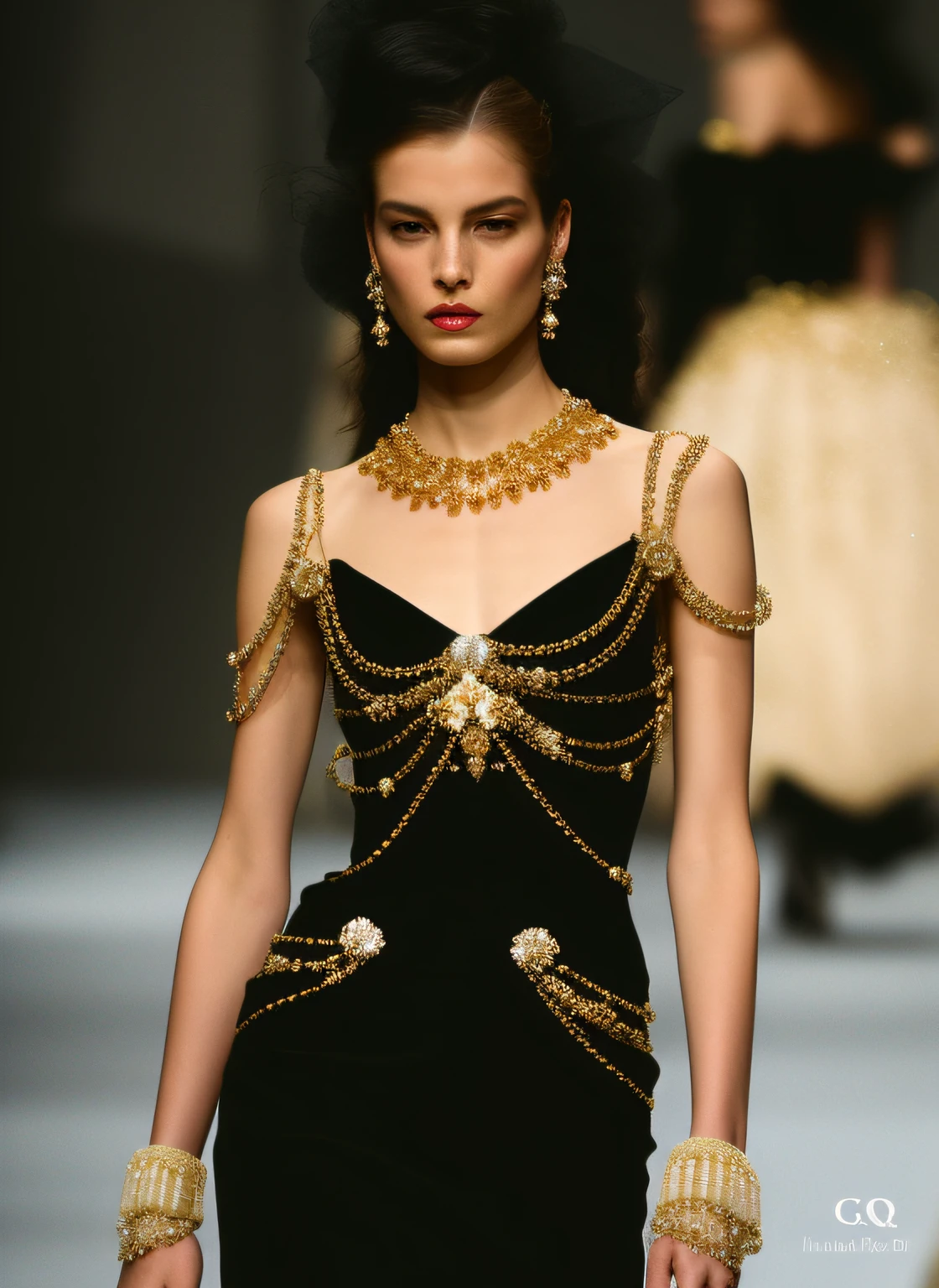 A woman in a black dress，Wearing gold chains and jewelry, christian dior style, haute couture fashion, Haute couture! Fashion!, alexander mcqueen haute couture, Black Haute Couture, Haute couture, wearing a dress of gossamer gold, inspired by Marie-Gabrielle Capet, wearing a dress made of beads, with shoulder pads, wearing gilded ribes, Black pearls and golden gemstones