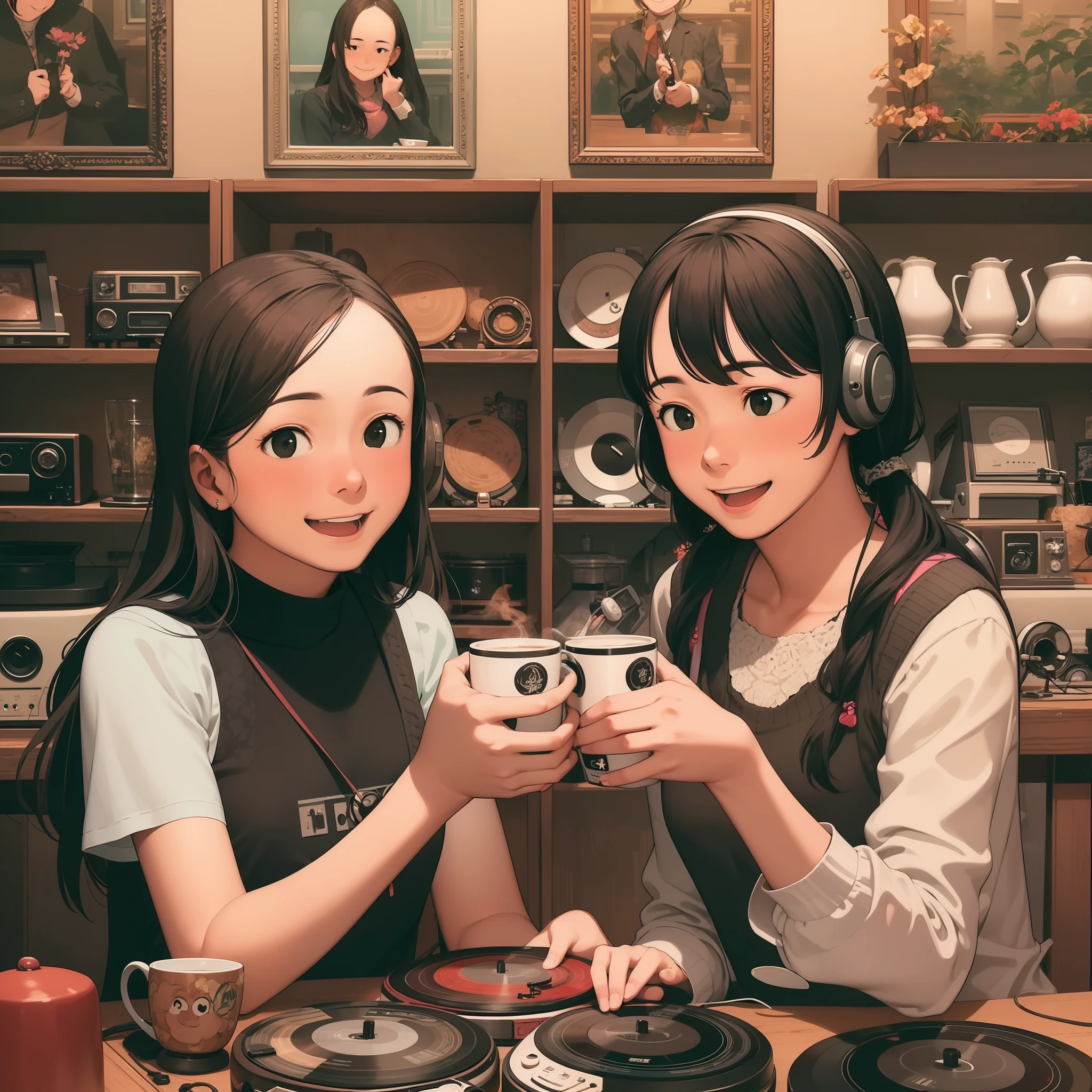 top-quality、Masterpiece、Two women having fun in a retro coffee shop。In the scene drawn over the counter、Old record players and antique lamps are the decorations of the shop。The camera is on the same level as them.、Their smiling faces give them a sense of happiness.。