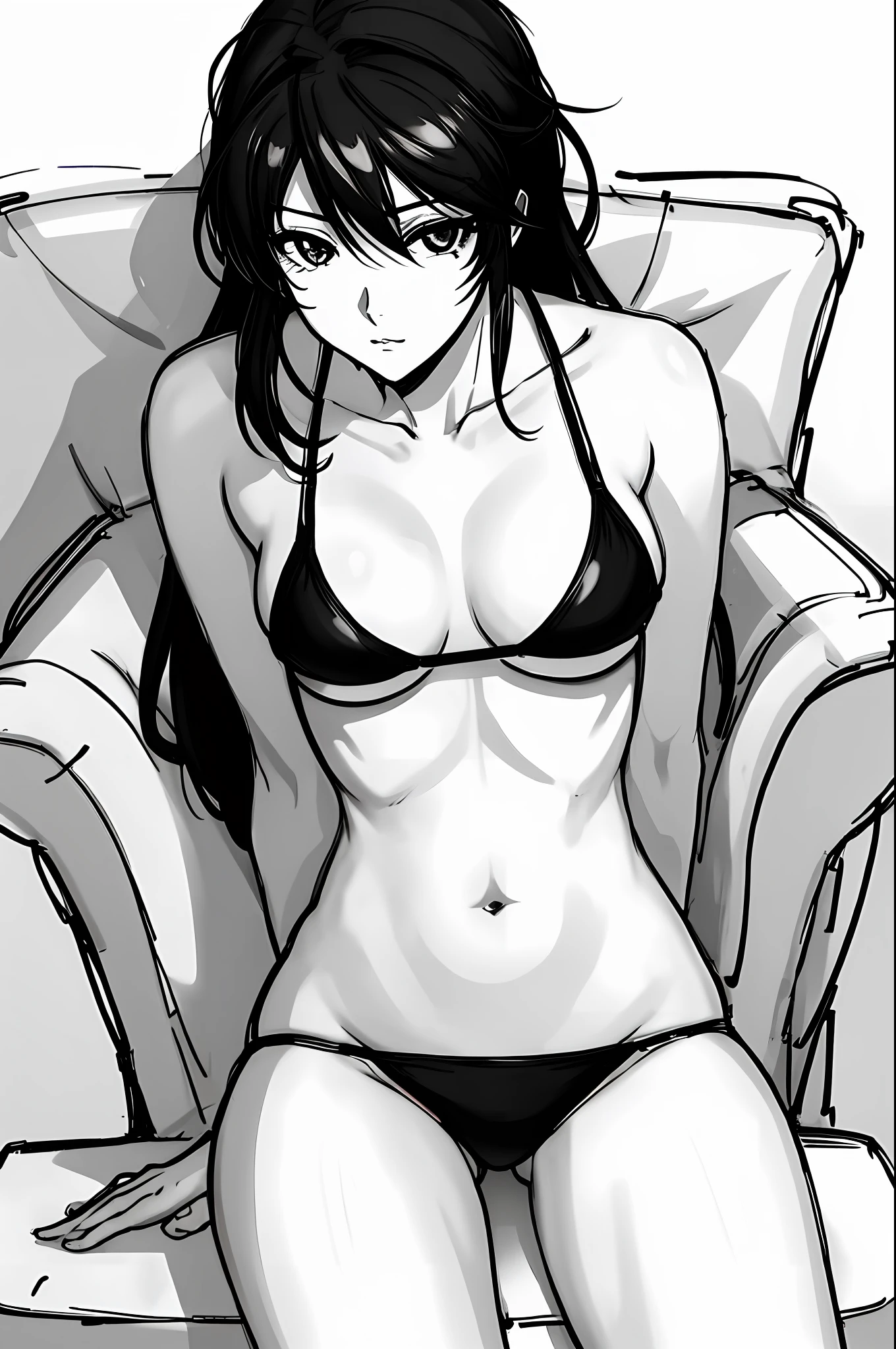 a drawing of a woman sitting on a couch in a bikini, Perfect anime art, Sit Pose, line-art, Sexy art, Top anime works, anime artsyle, Sitting on the sofa, Outline sketch, intense line art, clean anime art, lineart behance hd, sitting in the couch, seductive seated pose,Light and shadow art, sitting in the couch