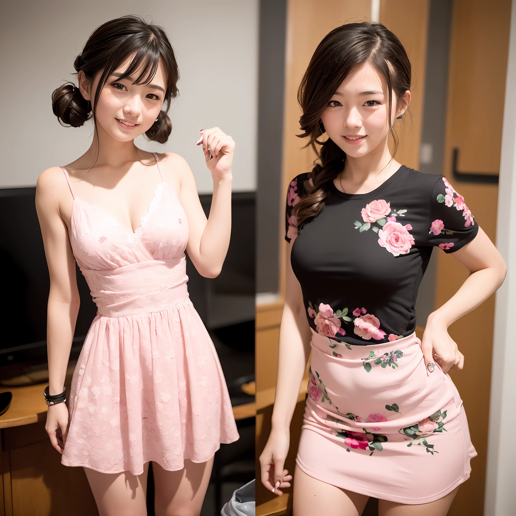 ((Best picture quality, 8K, tmasterpiece:1.3)), 1. Junior high school girl, Beautiful woman with slender abs:1.3, (Casual hairstyle, Small breasts:1.2), Pink floral dress:1.1, Ultra-fine face, A detailed eye, 二重まぶた,ssmile,onbed