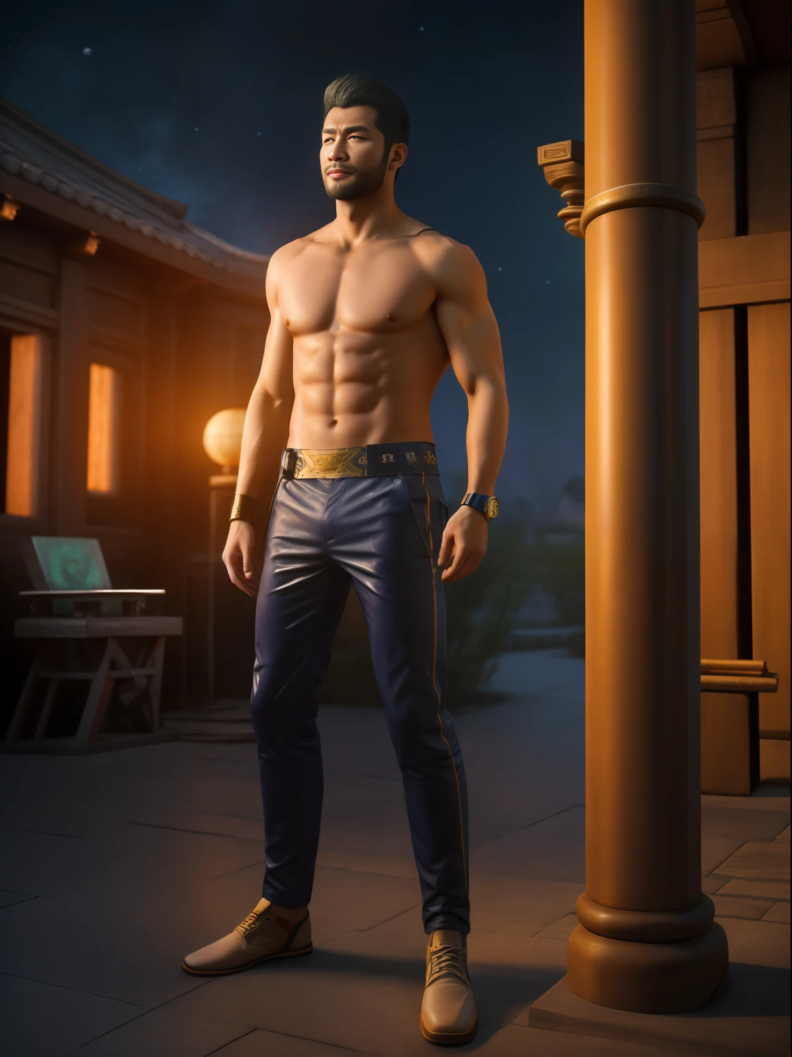 (best qulity,The Masterpiece),(Ultra-detailed colors),A handsome 35-year-old Chinese astrologer meditates around the totem of the second house of the ecliptic,Constellation Temple,ultra realist,observatory,futuristic asian starwars city background,Men's bright gold Translucent G-thongs,big bulge,Stubble,Hairy Thighs,Very attractive,HDR,Dramatic lighting,Art Station Trend,CGSociety trends,Professional photography