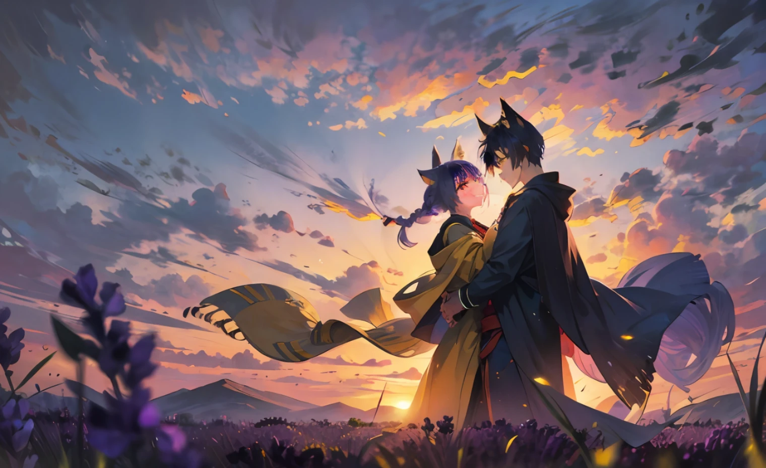 the setting sun, lavanda fields, hugs, Rolling peaks, Two people, a young man and a woman, Twist braids, large tail, Cloak, Battle damage, Wolf ears, Yellow eyes, Purple hair, fang out, Happy, Wide shot, Anime, Masterpiece, Best quality