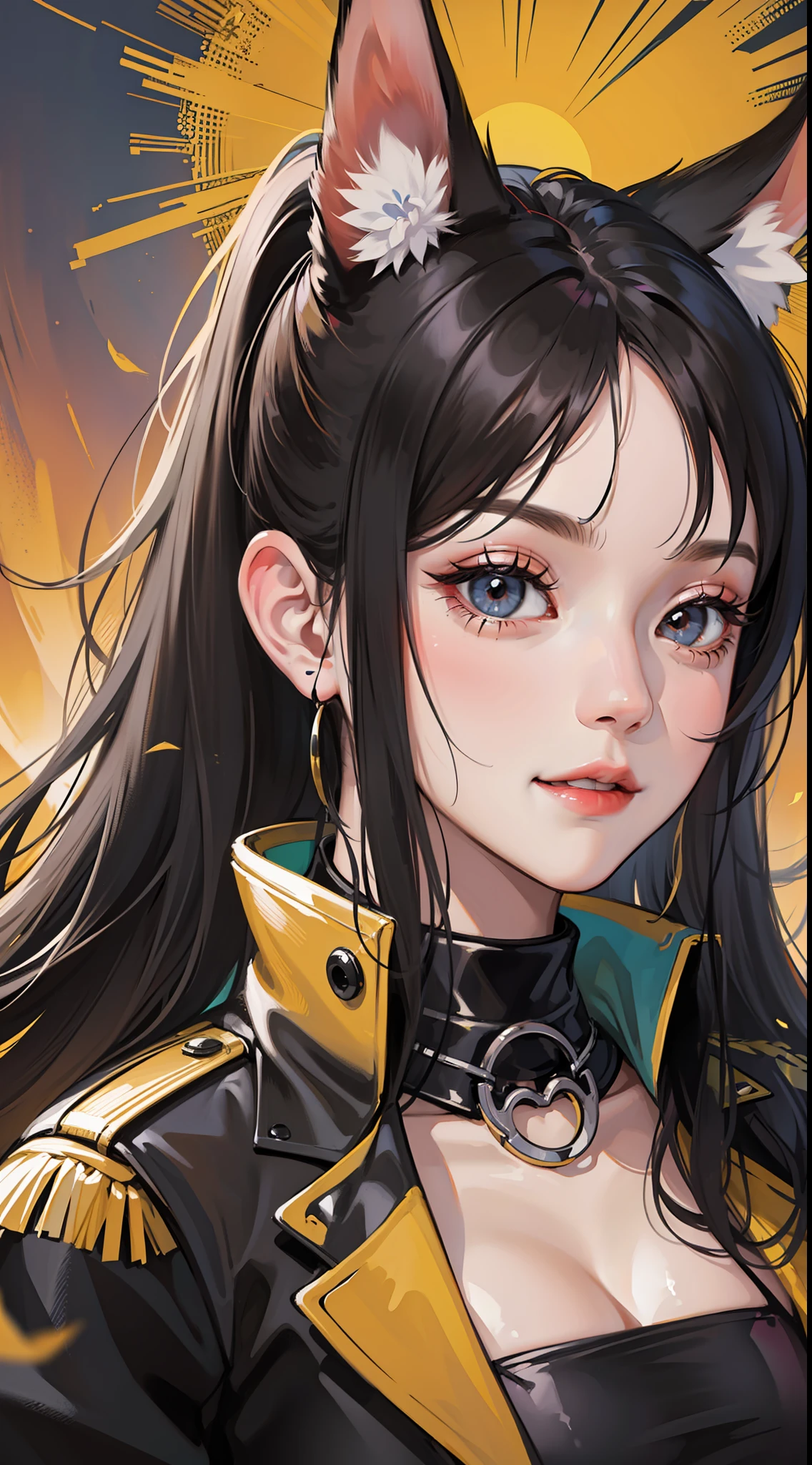 Adult woman, Long black hair, high ponytail, Fox ears, Foxtail, The left eye is yellow, Red right eye, Combat uniform, ssmile, Masterpiece, hiquality