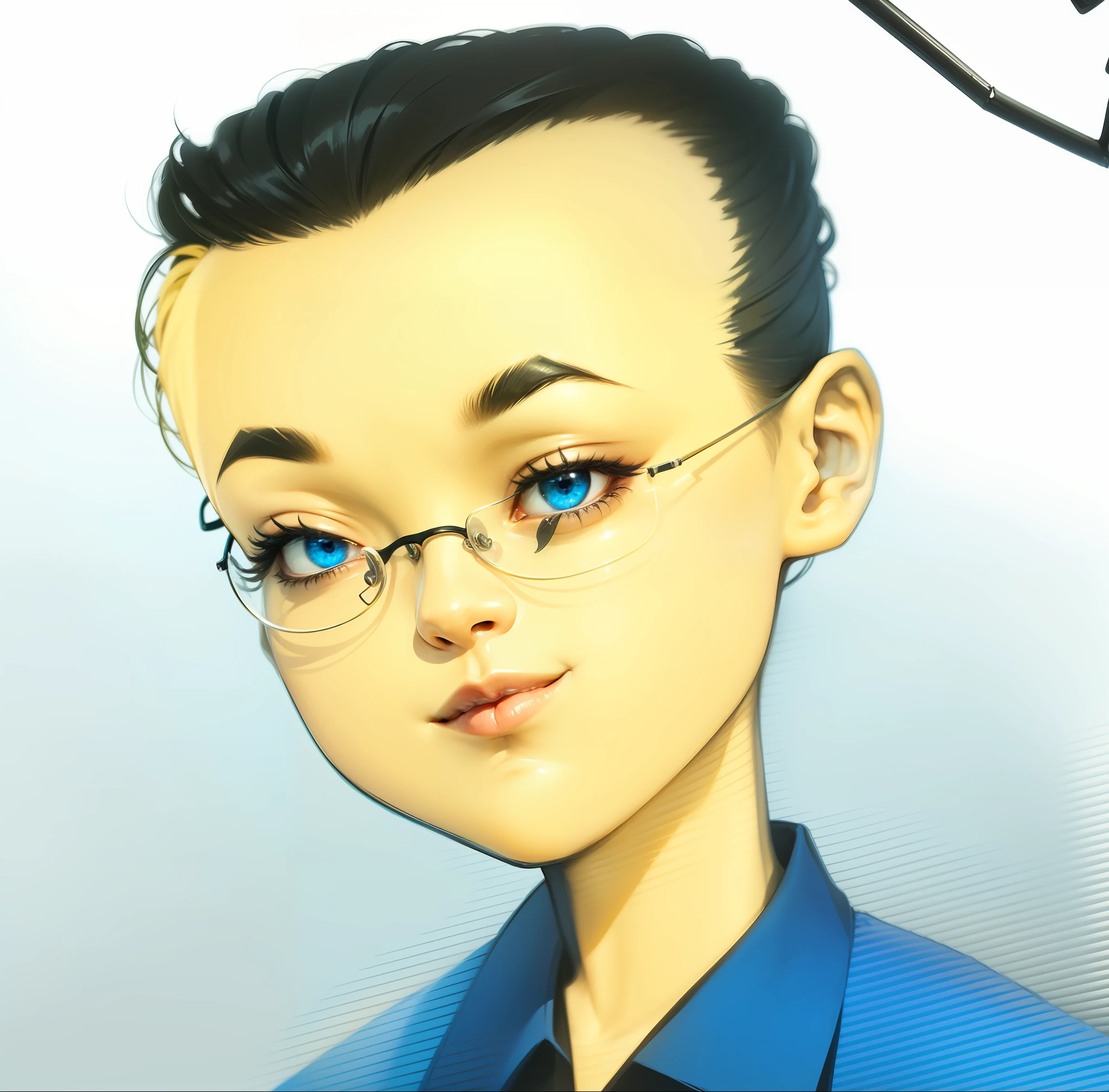 (Stunning and detailed,Rich texture,realisticlying)180cm/70kg Male,Mature and steady,Blue glasses,Black hairstyle。(Elegant and atmospheric,Background details are exquisite)Calm dark background,Moderate light and shadow,Elegant courtyard, perhaps,Or a modern exhibition with a minimalist interior。