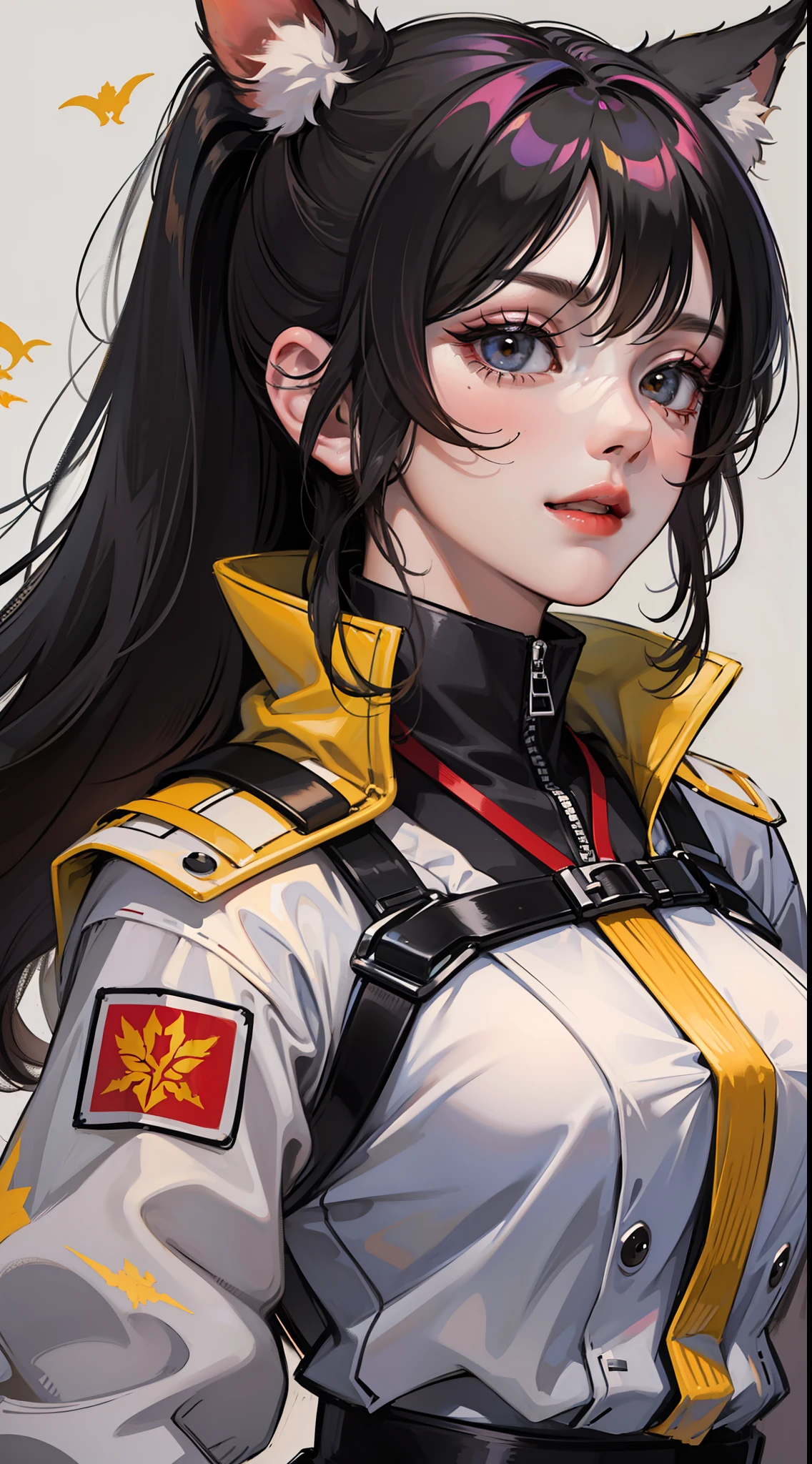 Adult woman, Long black hair, high ponytail, Fox ears, Foxtail, The left eye is yellow, Red right eye, Combat uniform, ssmile, Masterpiece, hiquality