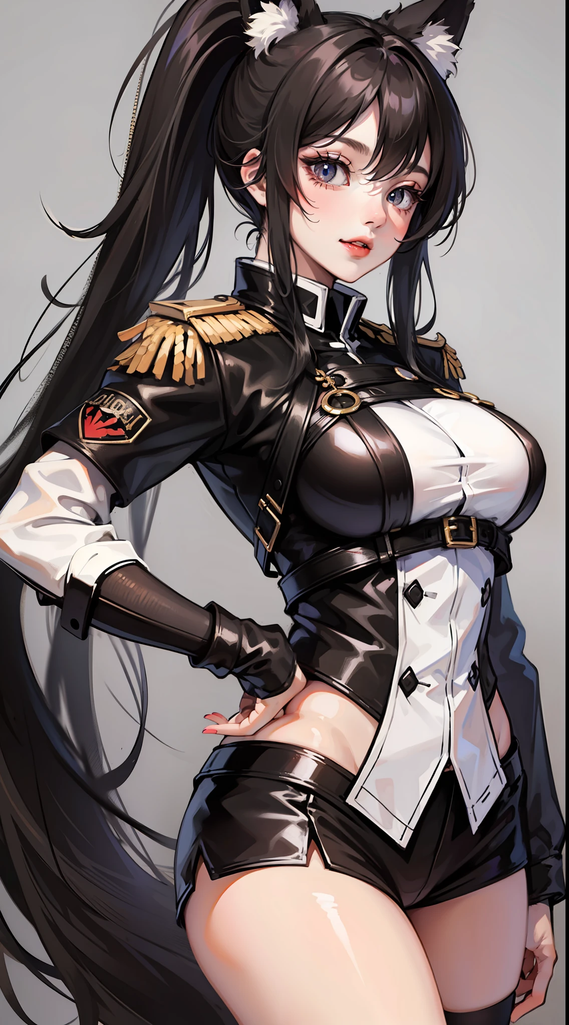 Adult woman, Long black hair, high ponytail, Fox ears, Foxtail, The left eye is yellow, Red right eye, Combat uniform, ssmile, Masterpiece, hiquality