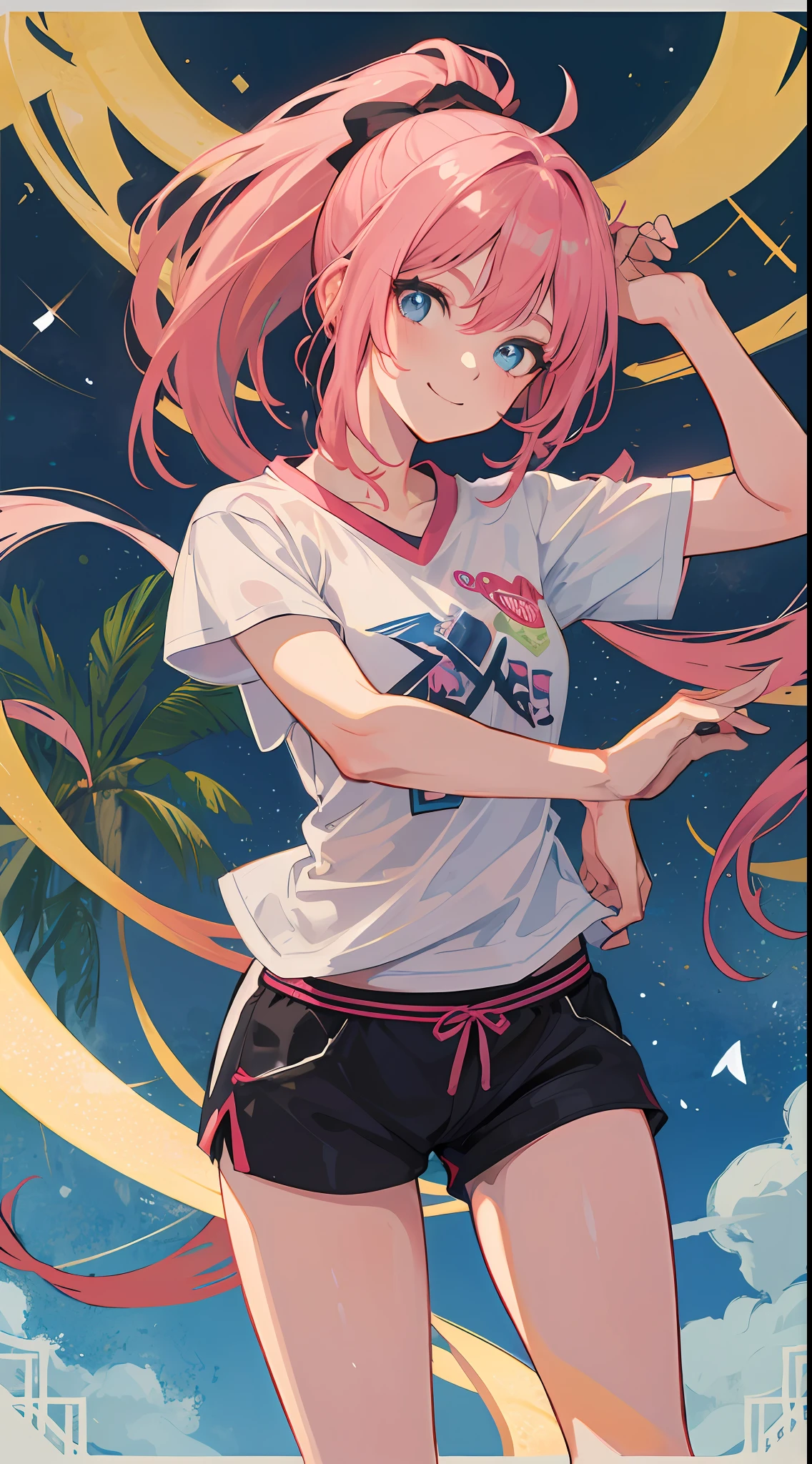 1girll，A pink-haired，Single high ponytail，blue colored eyes，is wearing a shorts，white short sleeve，Baseball Shirts，she smiles a little，dashing，make it like tarot anime-style but no frame