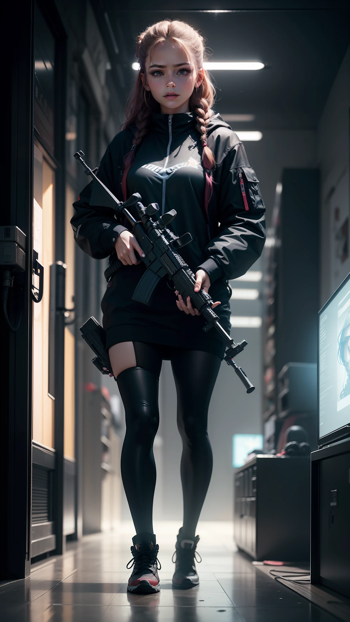 Beautiful stars in sky ,a girl standing with a sniper in her hands,beautiful girls, long hairs in braided form,with dark background, gaming, cyberpunk, 4k,ultra realistic, true picture,almost real