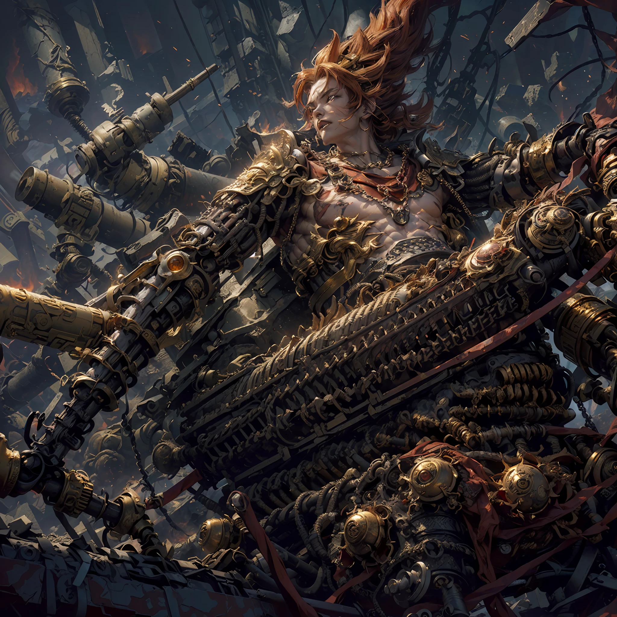 (Gold chain mail:1.2+Mechanical prosthesis:1.2+long red cloak+Son Goku:1.2),(cyber punk perssonage+The sun collapses+The building collapsed:1.3),(Fire Eye Golden Eye:1.1+Ruyi Golden Hoop Stick:1.2),Top-down view,Mechanical city streets,Sky cracks,Skyrim burns。Image of a slender body。