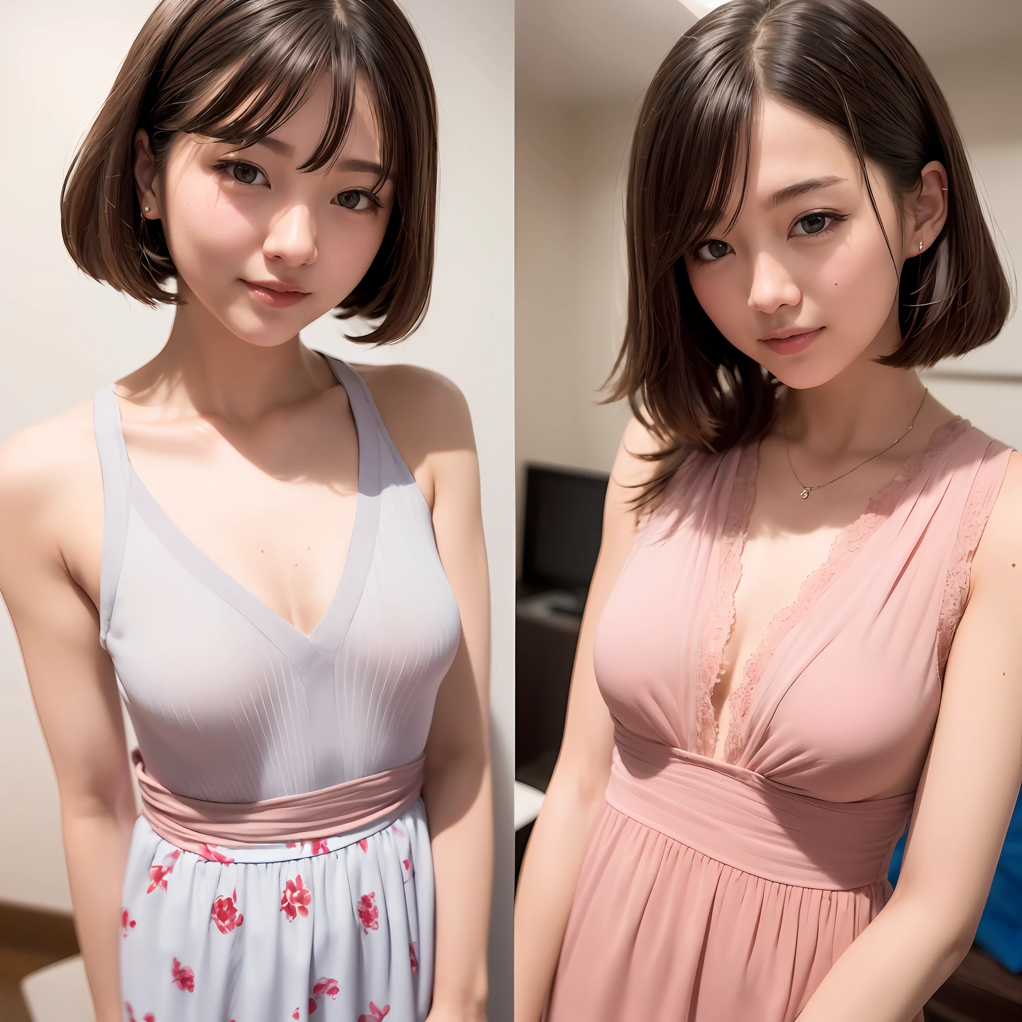 ((Best picture quality, 8K, tmasterpiece:1.3)), 1. girl, Beautiful woman with slender abs:1.3, (Casual hairstyle, Small breasts:1.2), Pink floral dress:1.1, Ultra-fine face, A detailed eye, 二重まぶた,ssmile,onbed