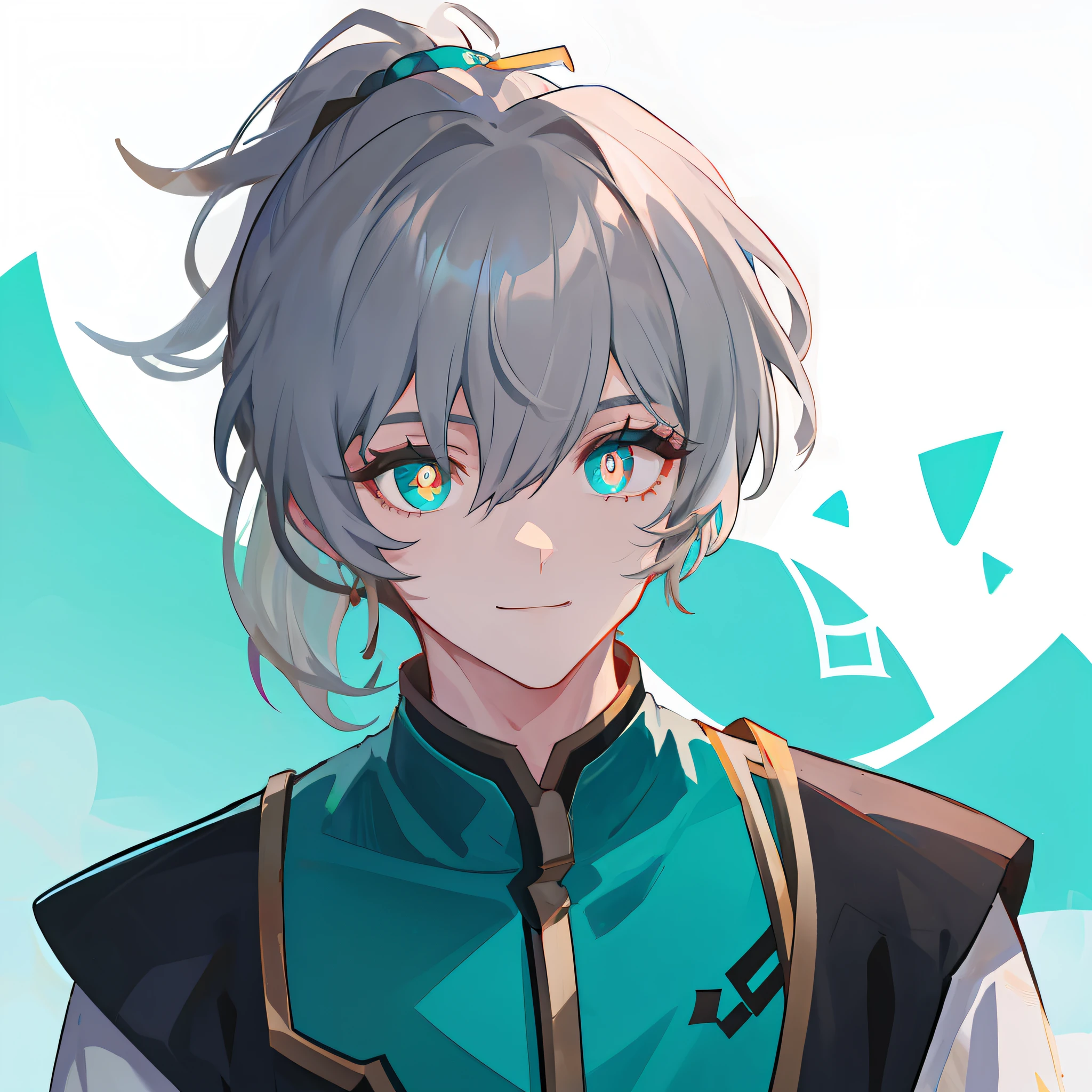 younge boy,Gray hair,Ponytail,Turquoise pupils,A half body,ssmile。