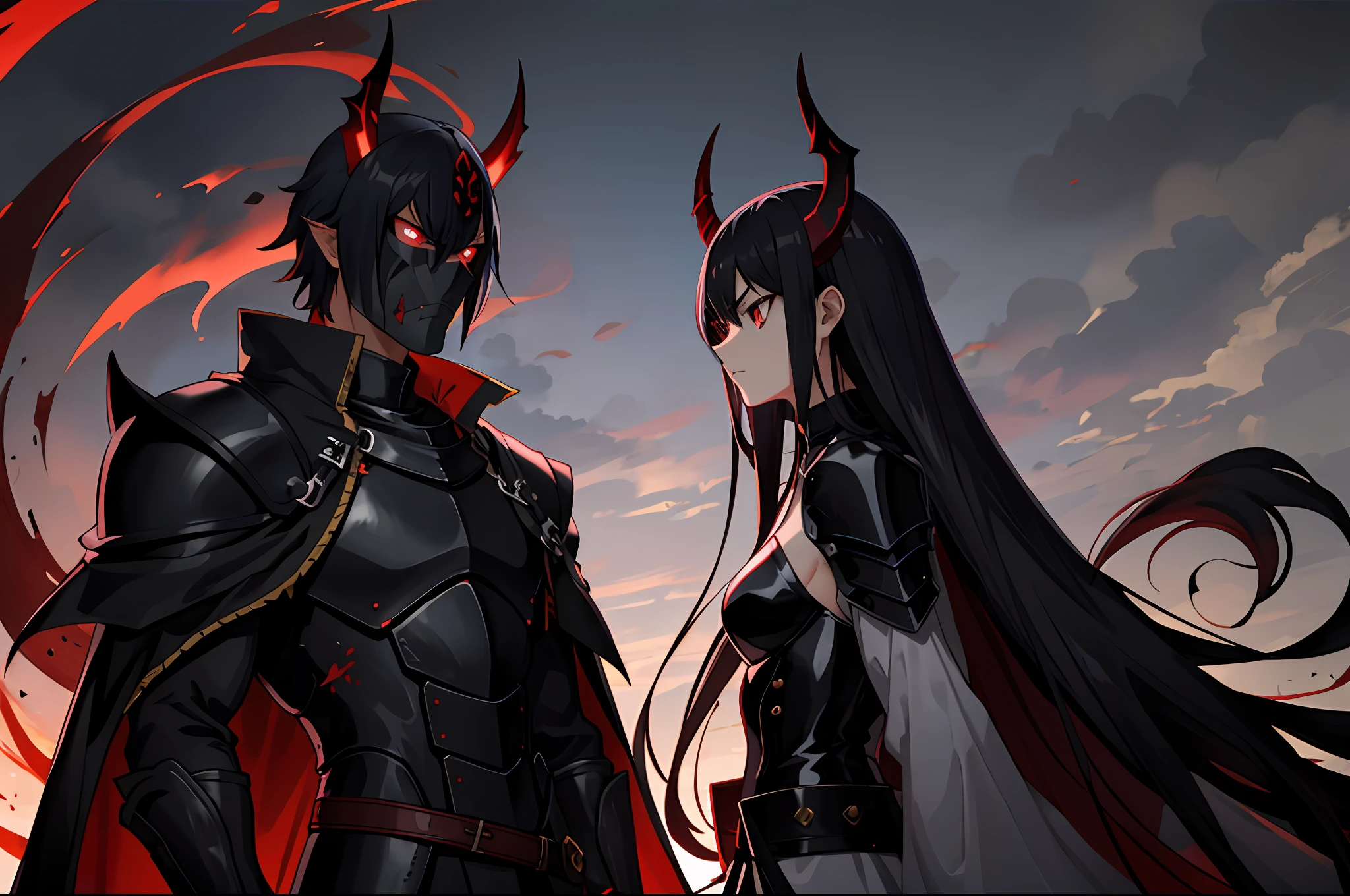 Anime, Demon, red skin, red blood eyes, long black hair, knight, tall, mask, mediavel, evil, very angry, 1 meter 90 height, long tail, mask, double Sword, muscle, lady girl