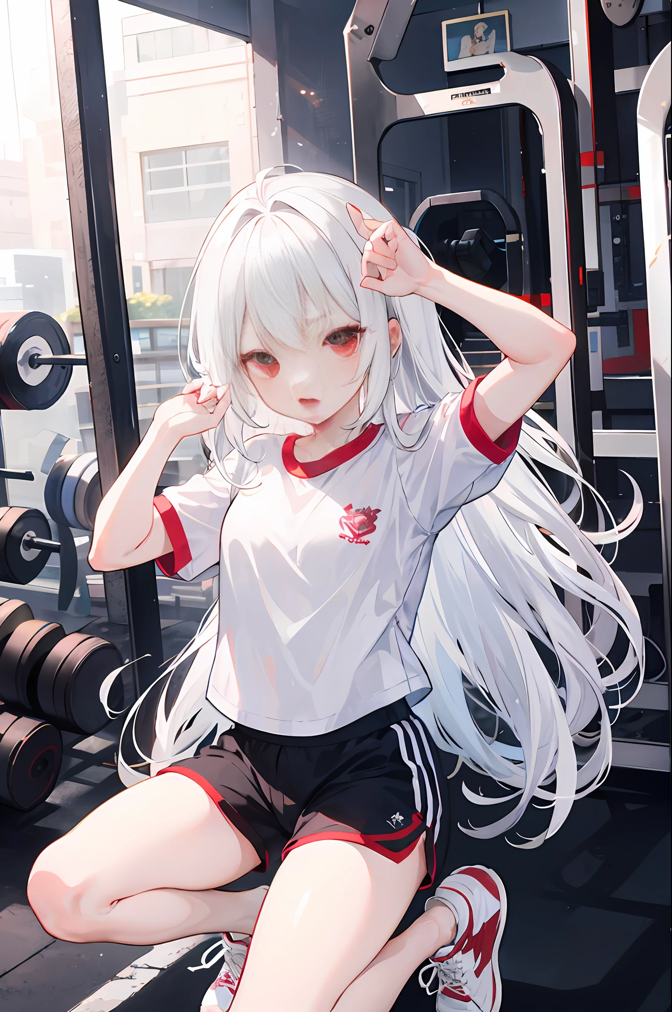 White hair and red eyes，dressed in a white t-shirt，Wear white sneakers，long whitr hair，Be red in the face，shy，Eyebrows skimmed，Open your mouth slightly，Wearing gym shorts，Bare legged，Bigchest，high high quality，