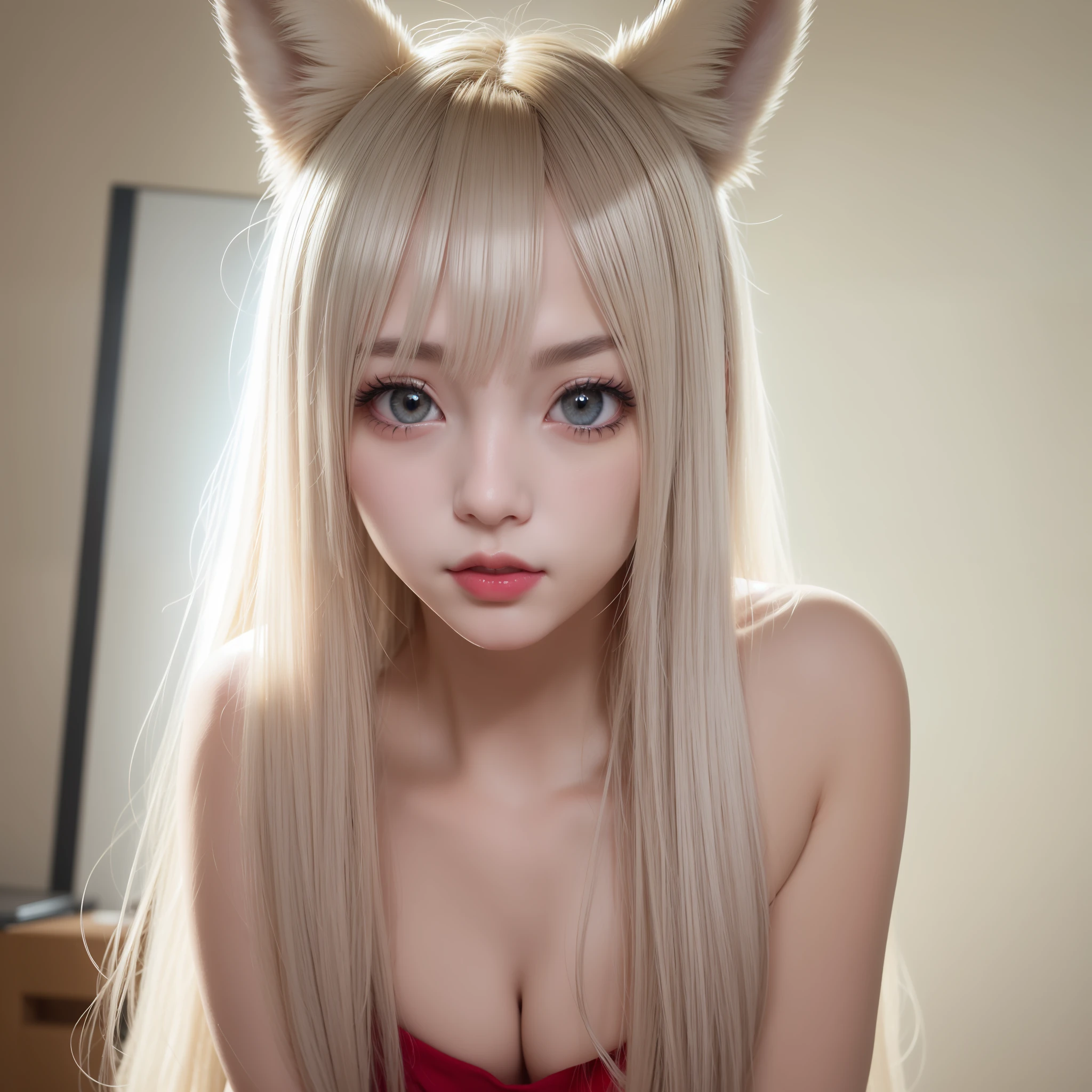 blonde hair, blonde hair, silver hair, white hair, halo, heart-shaped pupils, fox ears, full blush, torogao, naughty face, naughty, saliva trail, red lips, fang, skin fang, fang out, anime style, god rays, ray tracing, sparkle, super detail, best quality --auto