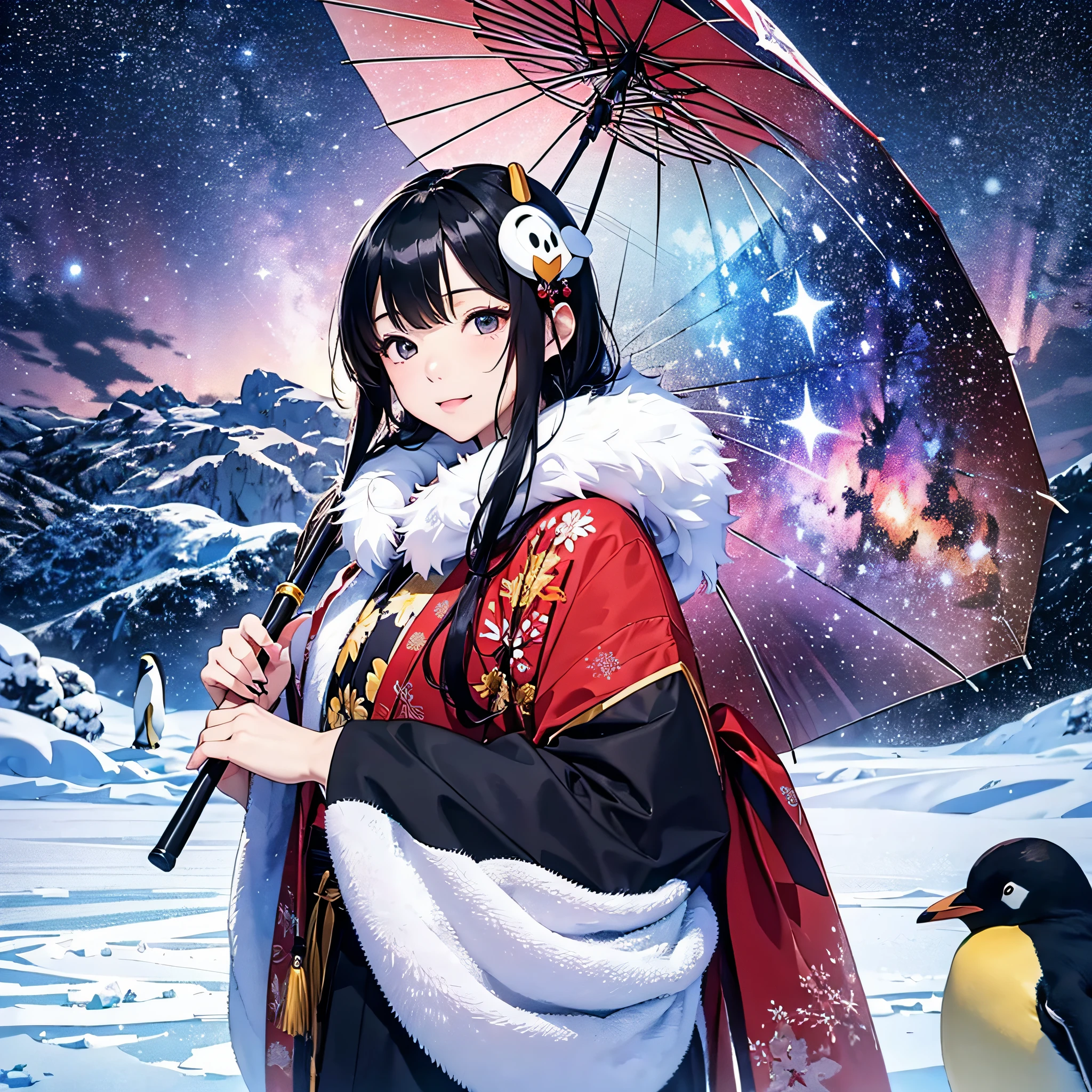 Arctic Circle、drift ice、1with animal1a person、Beautiful snow woman talking on drift ice with white bear with long black hair and snowflake shaped hair ornament、Red Japanese umbrella、White Japanese Clothing、penguin、White Nights、Aurora、Stars of the Galaxy々、milkyway、masterpiece、realisitic。Photorealsitic