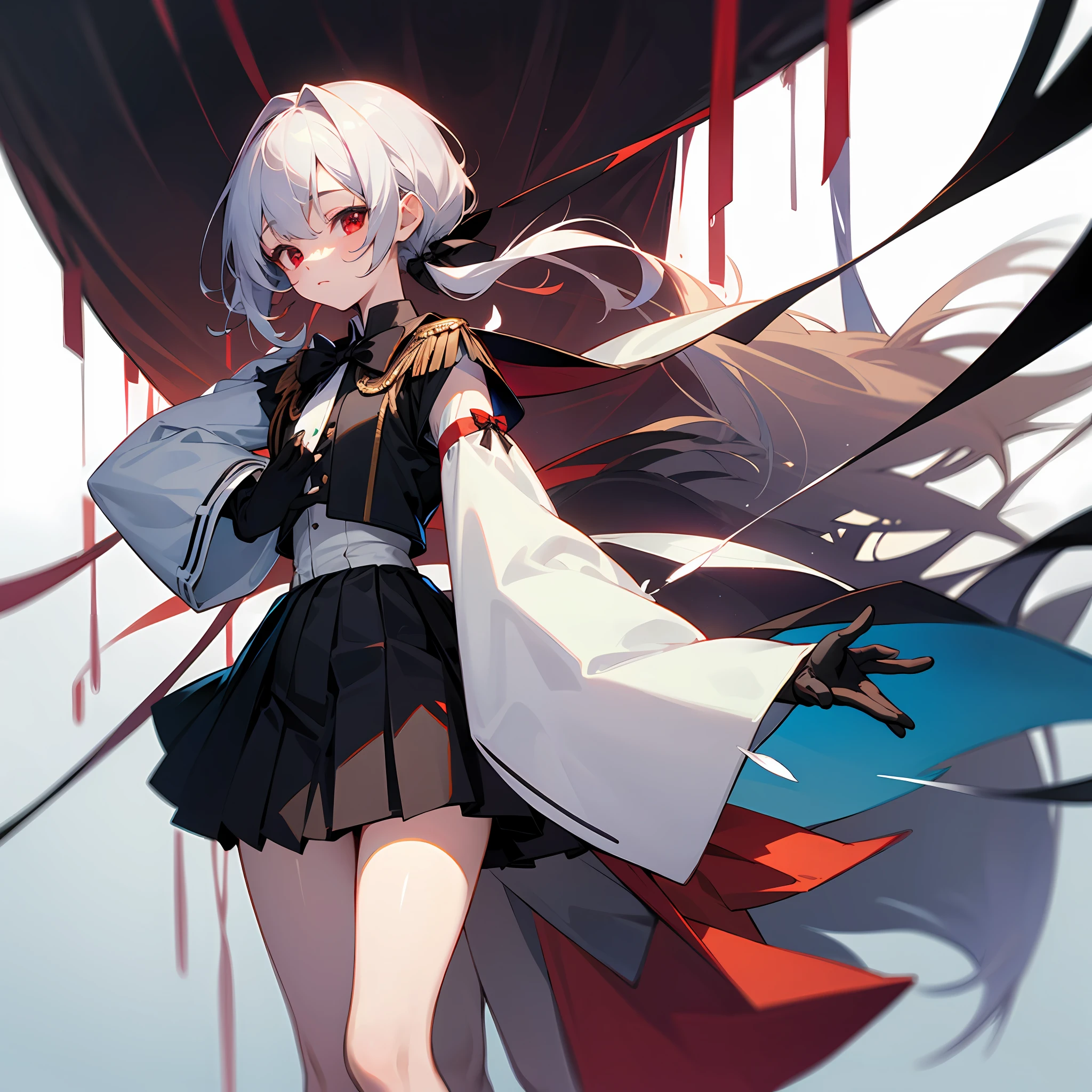 tmasterpiece, Best quality at best, A high resolution, red eyes,dual horsetail ,Clothing cutting, longer sleeves, The shirt, Black bow, Feather ornaments, white thighhig, black glove, Black pleated skirt, cowboy photo, standing on your feet, Raised skirt, Black panty, Rinse your nose, exteriors --auto