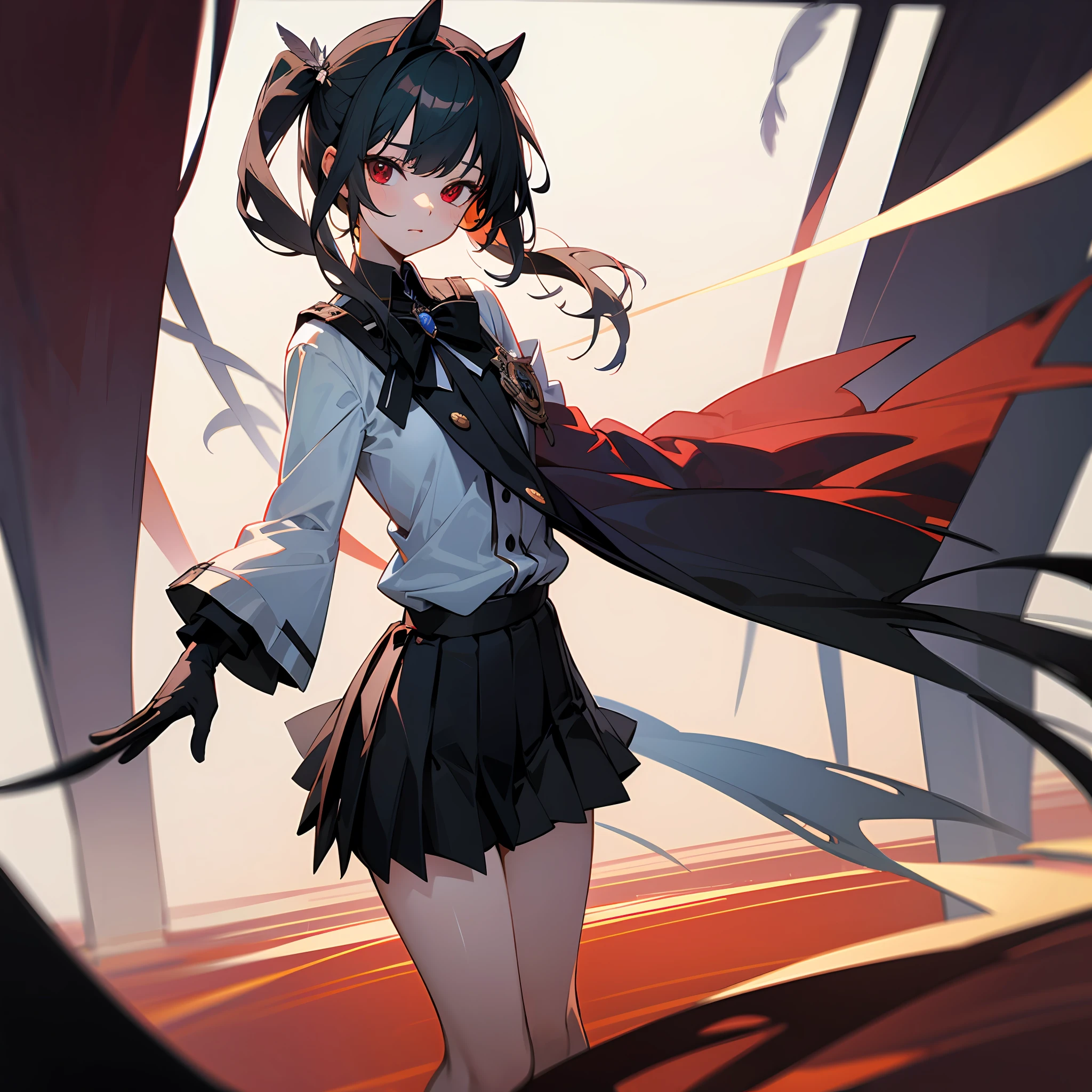 tmasterpiece, Best quality at best, A high resolution, red eyes,dual horsetail ,Clothing cutting, longer sleeves, The shirt, Black bow, Feather ornaments, white thighhig, black glove, Black pleated skirt, cowboy photo, standing on your feet, Raised skirt, Black panty, Rinse your nose, exteriors --auto