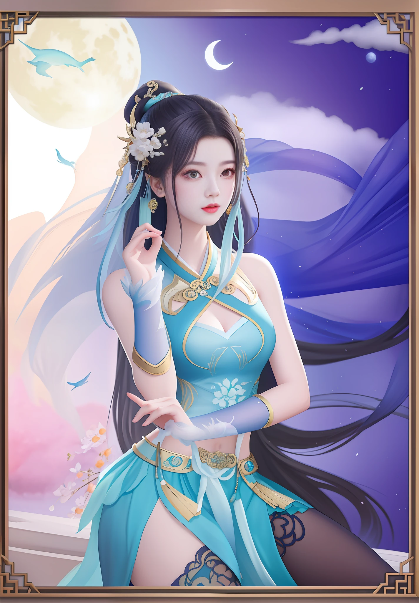 A woman in a blue dress holds a sword before the full moon, inspired by Du Qiong, Inspired by Lan Ying, Beautiful character painting, full-body xianxia, queen of the sea mu yanling, Inspired by Qiu Ying, Inspired by Li Tang, inspired by Ju Lian, a beautiful fantasy empress, inspired by Zhao Zuo