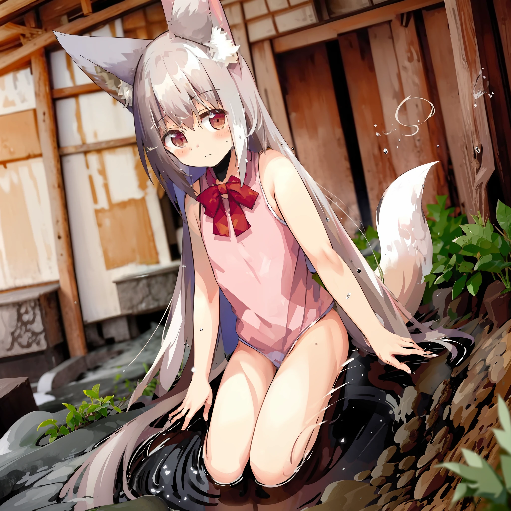 White-haired and red-eyed li,nine tail fox,Bare legged,hot onsen,Get wet,flowingwater
